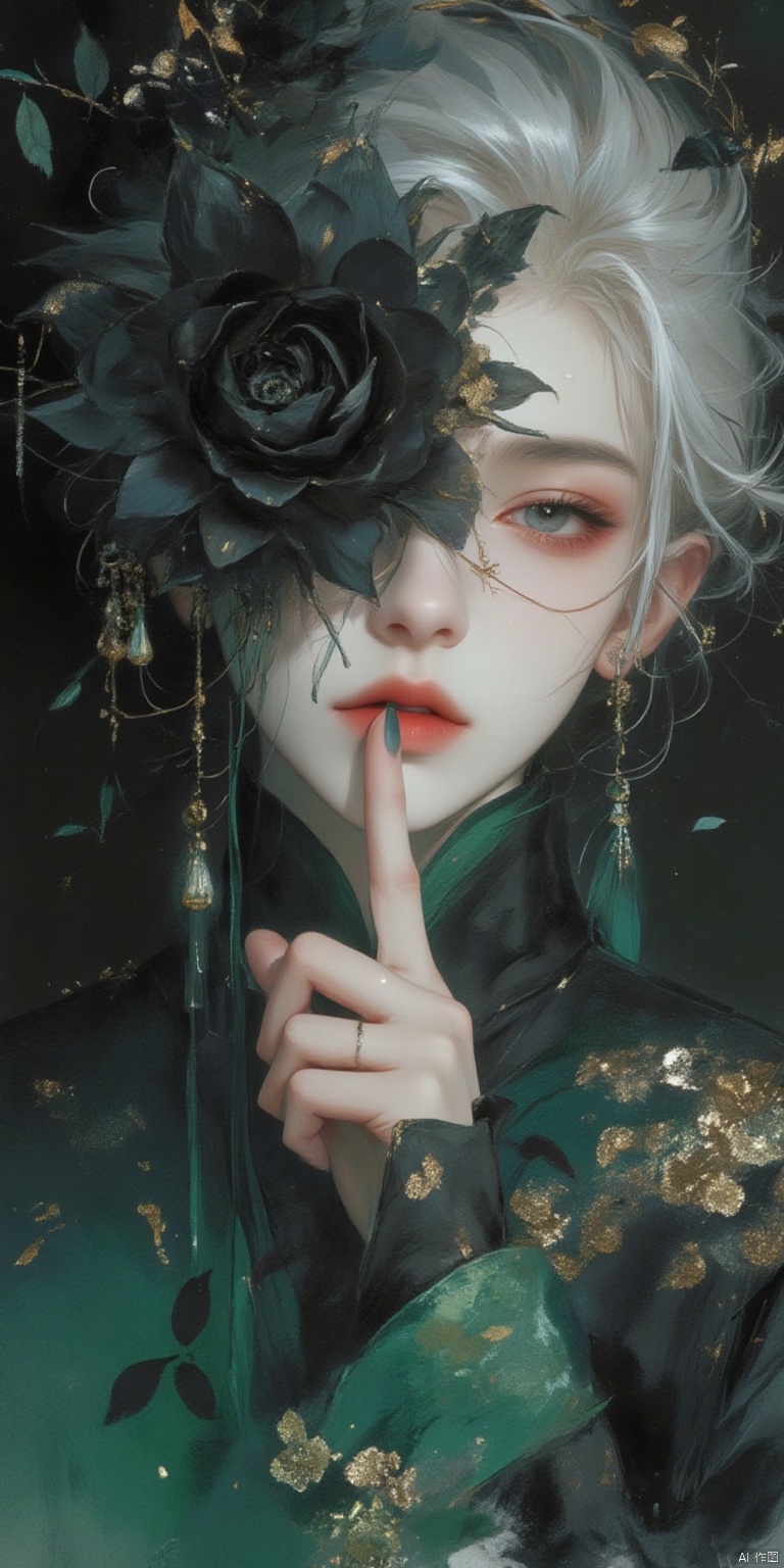 HTHF
 watercolor style,An Acrylic style painting that is expressive,gives it a dynamic and emotional quality. Anime art of a stylized portrait of a woman with a ethereal black and green mist surrounding her body. The mist creates a dramatic and surreal effect. A black flower,that is blooming,covering one eye,attached to the face. The woman has a cold aesthetic,complimented by her white hair. Anime art of woman draped in shadows with a lighting that enhances her unique features. The background is dark green,filled with black rose petals. Holding finger to lips,shush,shushing motion,.,Winslow Homer style,
