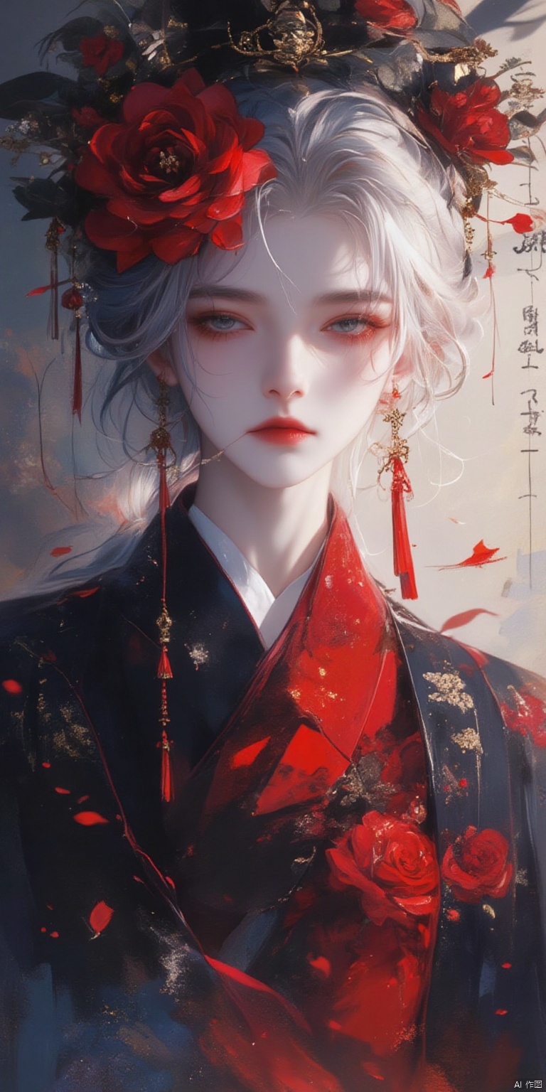 HTHF
A young Asian woman wearing a flower wreath,An Acrylic style painting that is expressive, gives it a dynamic and emotional quality.a woman with a ethereal red and blue mist surrounding her body. The mist creates a dramatic and surreal effect. A red flower, that is blooming, covering one eye, attached to the face. The woman has a cold aesthetic, complimented by her white hair. Anime art of woman draped in shadows with a lighting that enhances her sexy unique features. with a black kimono adorned with flowers. The background is blurred The background is a wall with Chinese characters written on it creating a stark contrast to the woman's outfit. filled with red rose petals.