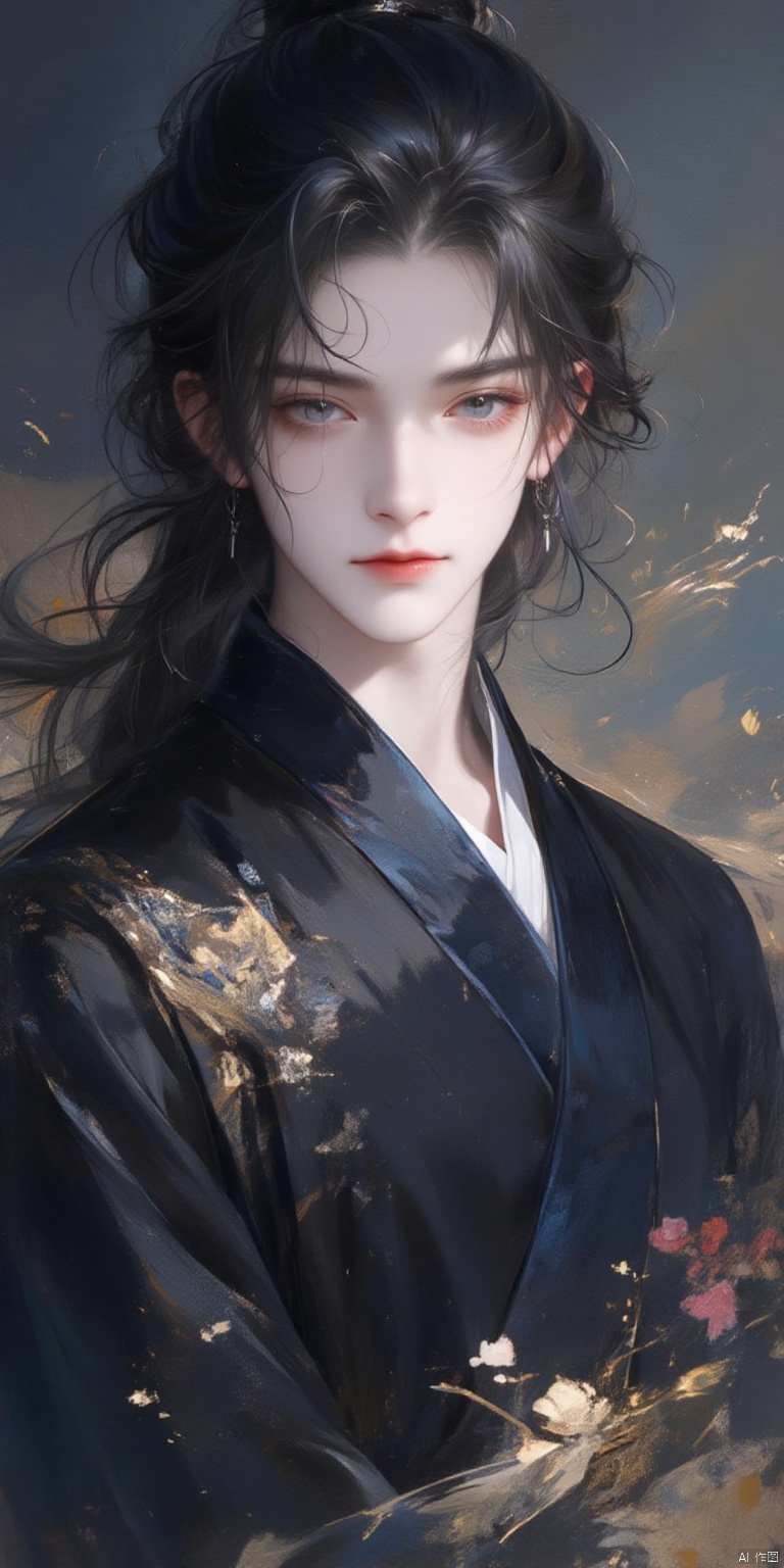 HTHF
a medium-sized portrait of a young man with long dark hair
a white face
and a black kimono-style jacket. The man's eyes are closed
and his lips are pursed. His hair is cascading over his shoulders
adding a touch of movement to the scene. The background is a mix of blue and gray
and the man's jacket is a dark blue
with a white collar around his neck. His earring is a light pink
and he has a slight smile on his face.


