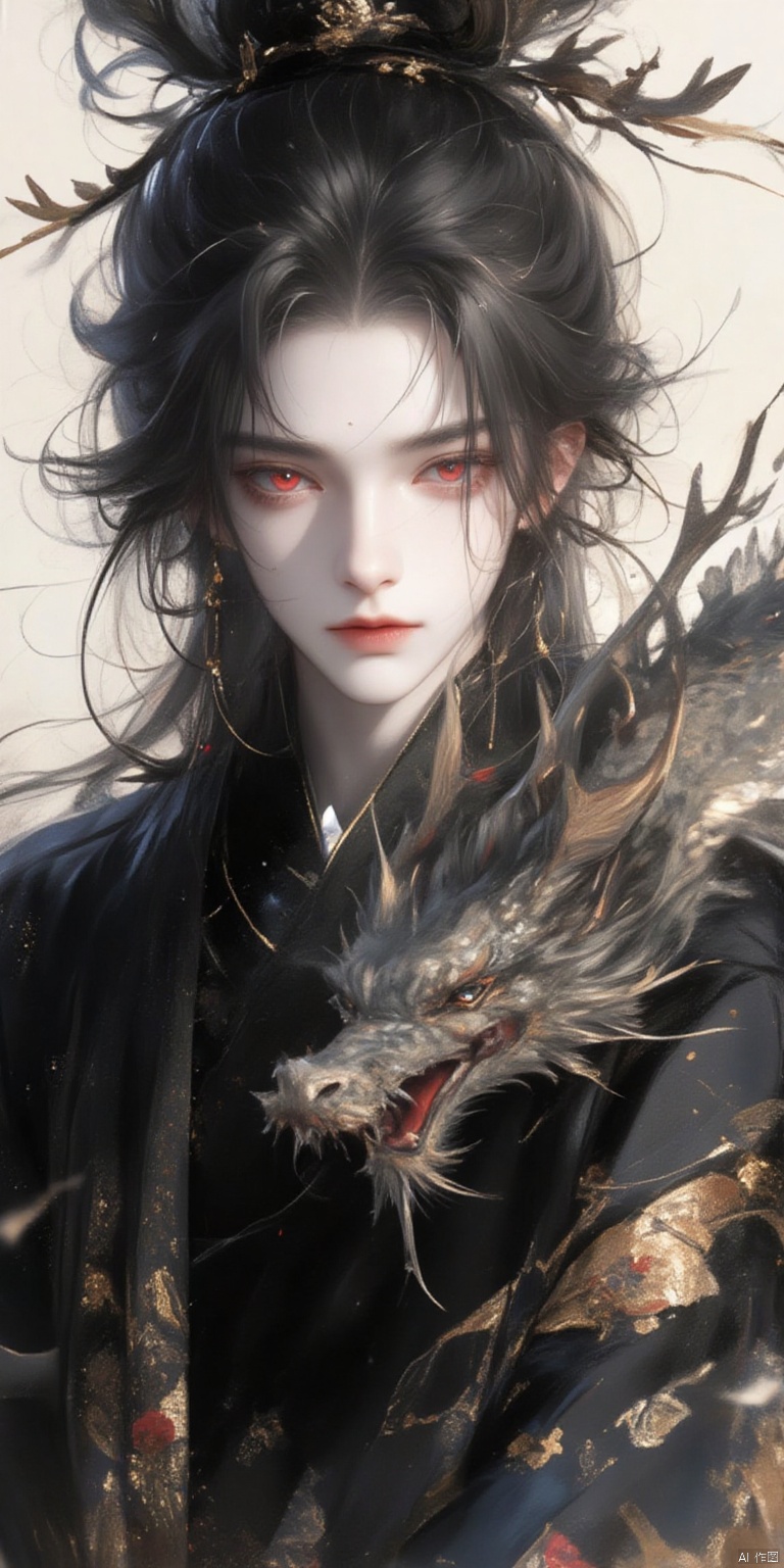 HTHF
a medium-sized portrait of a woman with long dark hair
a white face
and red eyes stands against a stark backdrop. The woman's face is adorned with white paint
adding a touch of contrast to her outfit. Her hair cascades over her shoulders
framing her entire face. She is wearing a black robe with a dragon embroidered on it
adorned with feathers. The backdrop is a stark white
creating a stark contrast to the woman's outfit.

