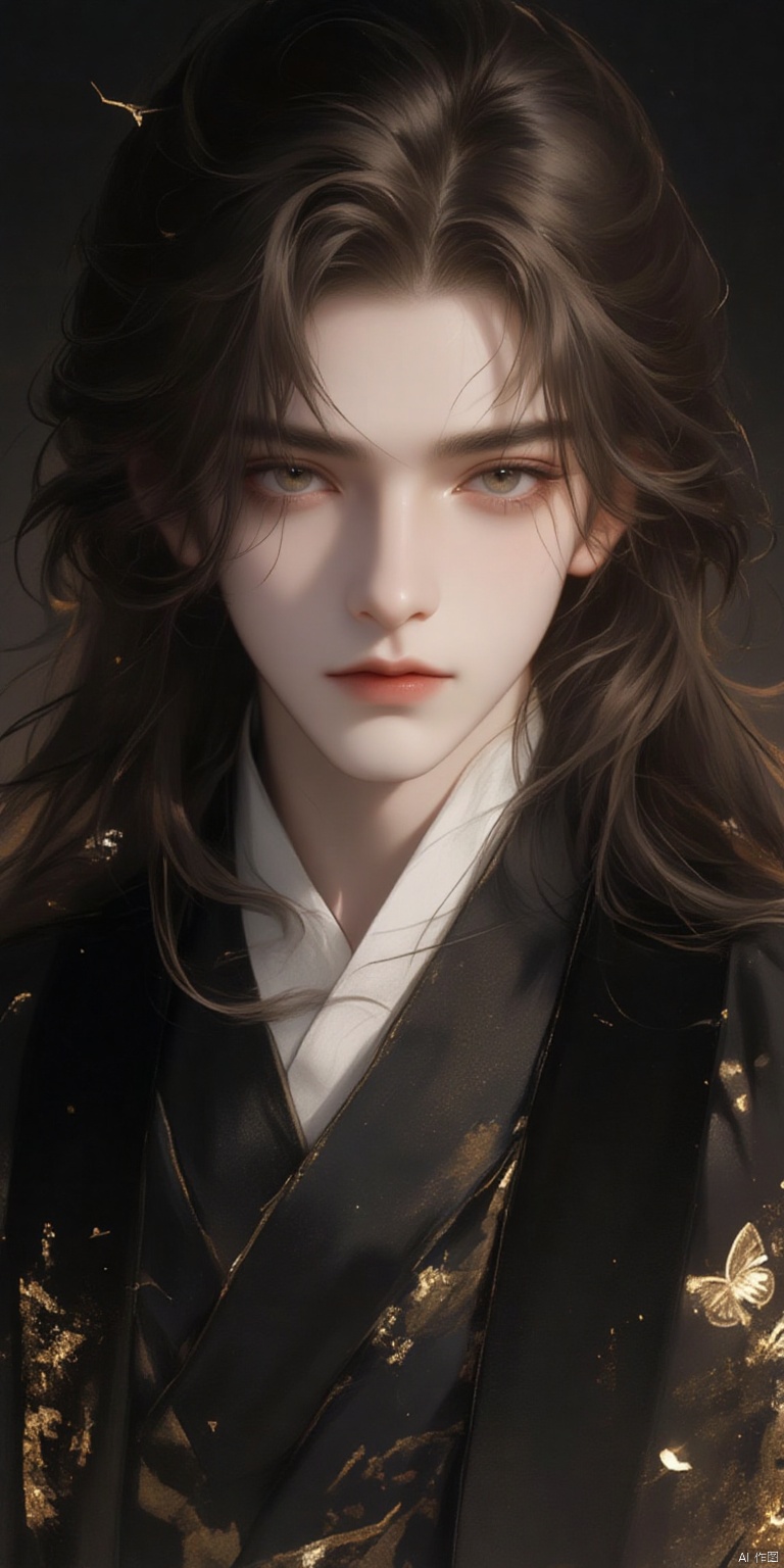 HTHF
a medium-sized portrait of a young man with long
wavy brown hair
a white face
and brown eyes. His eyes are a piercing blue
and his lips are a darker shade of brown. His hair is cascading over his shoulders
framing his forehead. He is dressed in a black robe
adorned with a white collar and a black shawl draped over his chest. The coat is adorned with gold splashes
adding a touch of nature to the scene. The backdrop is dark
creating a stark contrast to the man's face.


