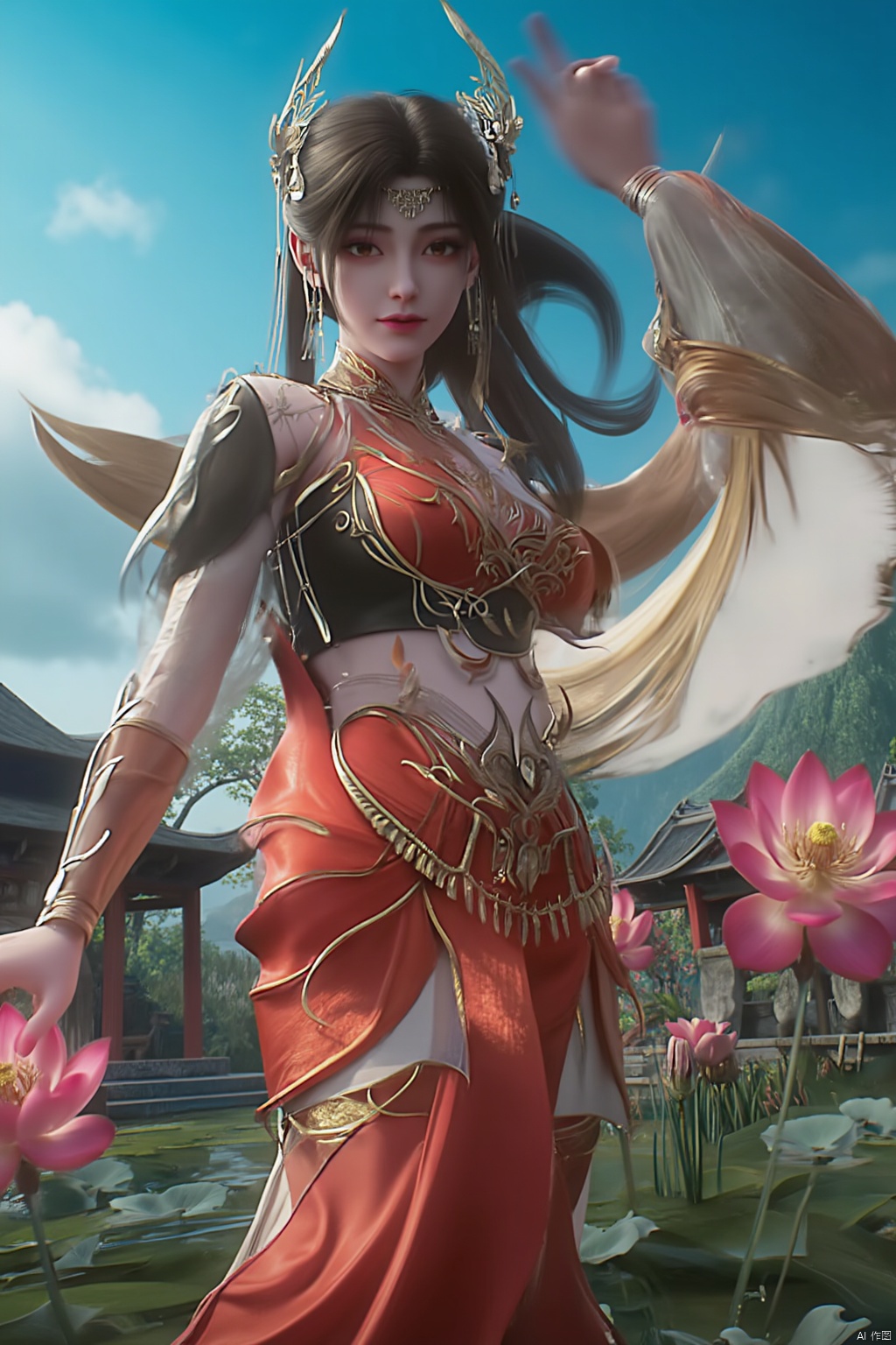 1girl, solo, breasts, looking at viewer, brown hair, black hair, hair ornament, dress, cleavage, jewelry, big breasts, upper body, earrings, parted lips, chinese clothes,Xdajisi,(Lotus, lotus pond, ancient Chinese architecture, blue sky and white clouds:1.29),,XhuolingerXjinpinger,Xluxueqi,Xtifa,Xyuanyao,Xhuijin
