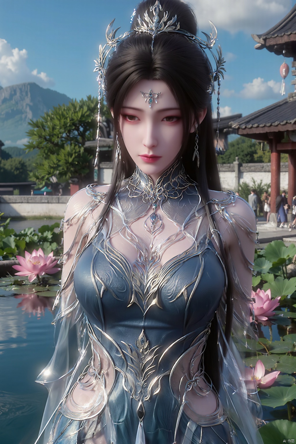 1girl, solo, breasts, looking at viewer, brown hair, black hair, hair ornament, dress, cleavage, jewelry, big breasts, upper body, earrings, parted lips, chinese clothes,Xdajisi,(Lotus, lotus pond, ancient Chinese architecture, blue sky and white clouds:1.29),,XhuolingerXjinpinger,Xluxueqi,Xtifa,Xyuanyao,Xhuijin