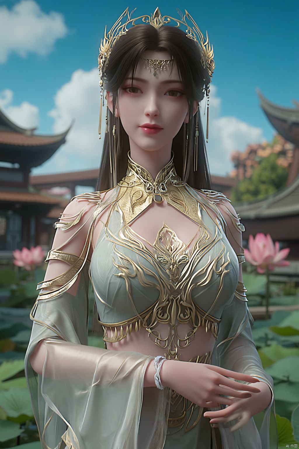 1girl, solo, breasts, looking at viewer, brown hair, black hair, hair ornament, dress, cleavage, jewelry, big breasts, upper body, earrings, parted lips, chinese clothes,Xdajisi,(Lotus, lotus pond, ancient Chinese architecture, blue sky and white clouds:1.29),,XhuolingerXjinpinger,Xluxueqi,Xtifa,Xyuanyao,Xhuijin