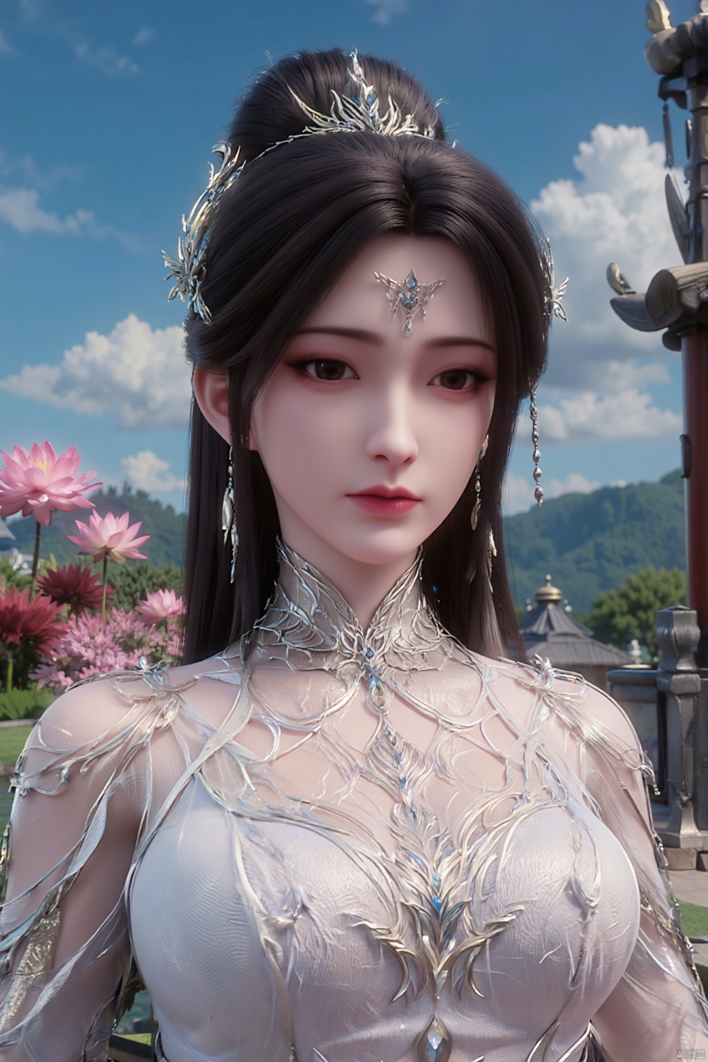 1girl, solo, breasts, looking at viewer, brown hair, black hair, hair ornament, dress, cleavage, jewelry, big breasts, upper body, earrings, parted lips, chinese clothes,Xdajisi,(Lotus, lotus pond, ancient Chinese architecture, blue sky and white clouds:1.29),,XhuolingerXjinpinger,Xluxueqi,Xtifa,Xyuanyao,Xhuijin