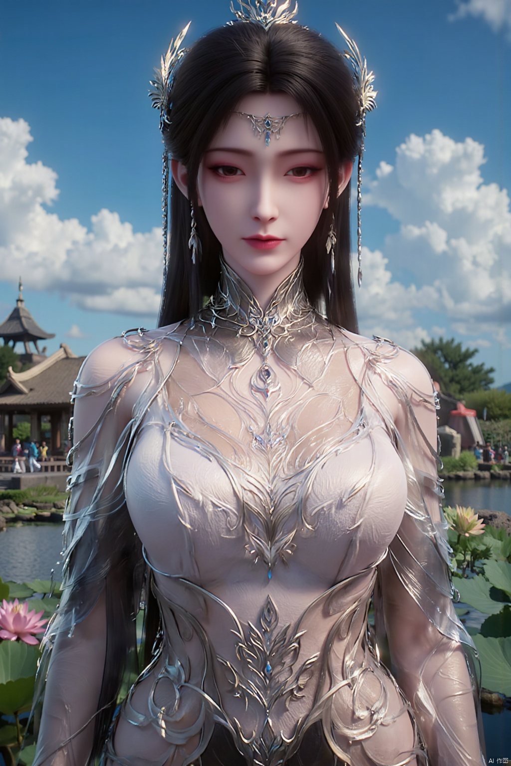 1girl, solo, breasts, looking at viewer, brown hair, black hair, hair ornament, dress, cleavage, jewelry, big breasts, upper body, earrings, parted lips, chinese clothes,Xdajisi,(Lotus, lotus pond, ancient Chinese architecture, blue sky and white clouds:1.29),,XhuolingerXjinpinger,Xluxueqi,Xtifa,Xyuanyao,Xhuijin