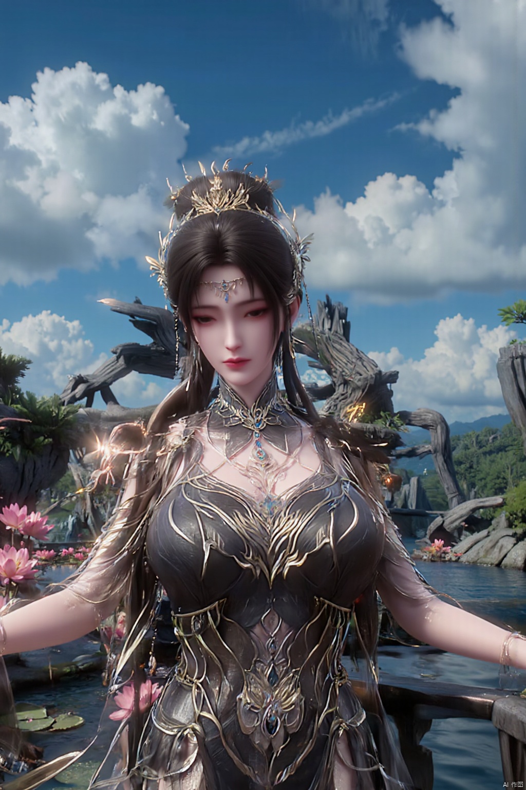 1girl, solo, breasts, looking at viewer, brown hair, black hair, hair ornament, dress, cleavage, jewelry, big breasts, upper body, earrings, parted lips, chinese clothes,Xdajisi,(Lotus, lotus pond, ancient Chinese architecture, blue sky and white clouds:1.29),,XhuolingerXjinpinger,Xluxueqi,Xtifa,Xyuanyao,Xhuijin