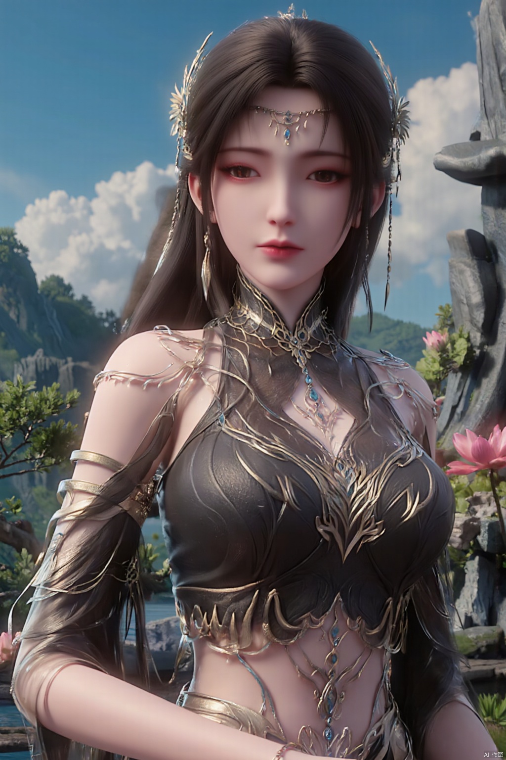 1girl, solo, breasts, looking at viewer, brown hair, black hair, hair ornament, dress, cleavage, jewelry, big breasts, upper body, earrings, parted lips, chinese clothes,Xdajisi,(Lotus, lotus pond, ancient Chinese architecture, blue sky and white clouds:1.29),,XhuolingerXjinpinger,Xluxueqi,Xtifa,Xyuanyao,Xhuijin