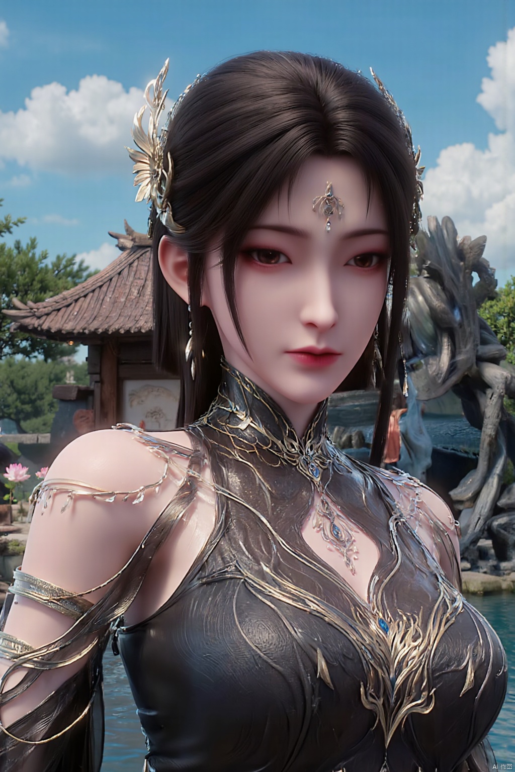 1girl, solo, breasts, looking at viewer, brown hair, black hair, hair ornament, dress, cleavage, jewelry, big breasts, upper body, earrings, parted lips, chinese clothes,Xdajisi,(Lotus, lotus pond, ancient Chinese architecture, blue sky and white clouds:1.29),,XhuolingerXjinpinger,Xluxueqi,Xtifa,Xyuanyao,Xhuijin