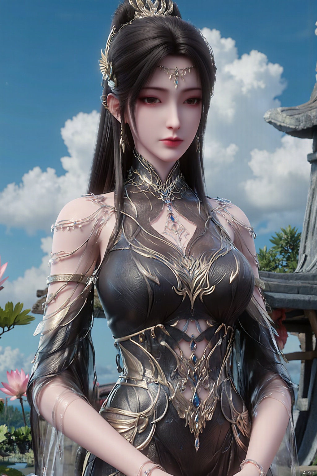 1girl, solo, breasts, looking at viewer, brown hair, black hair, hair ornament, dress, cleavage, jewelry, big breasts, upper body, earrings, parted lips, chinese clothes,Xdajisi,(Lotus, lotus pond, ancient Chinese architecture, blue sky and white clouds:1.29),,XhuolingerXjinpinger,Xluxueqi,Xtifa,Xyuanyao,Xhuijin