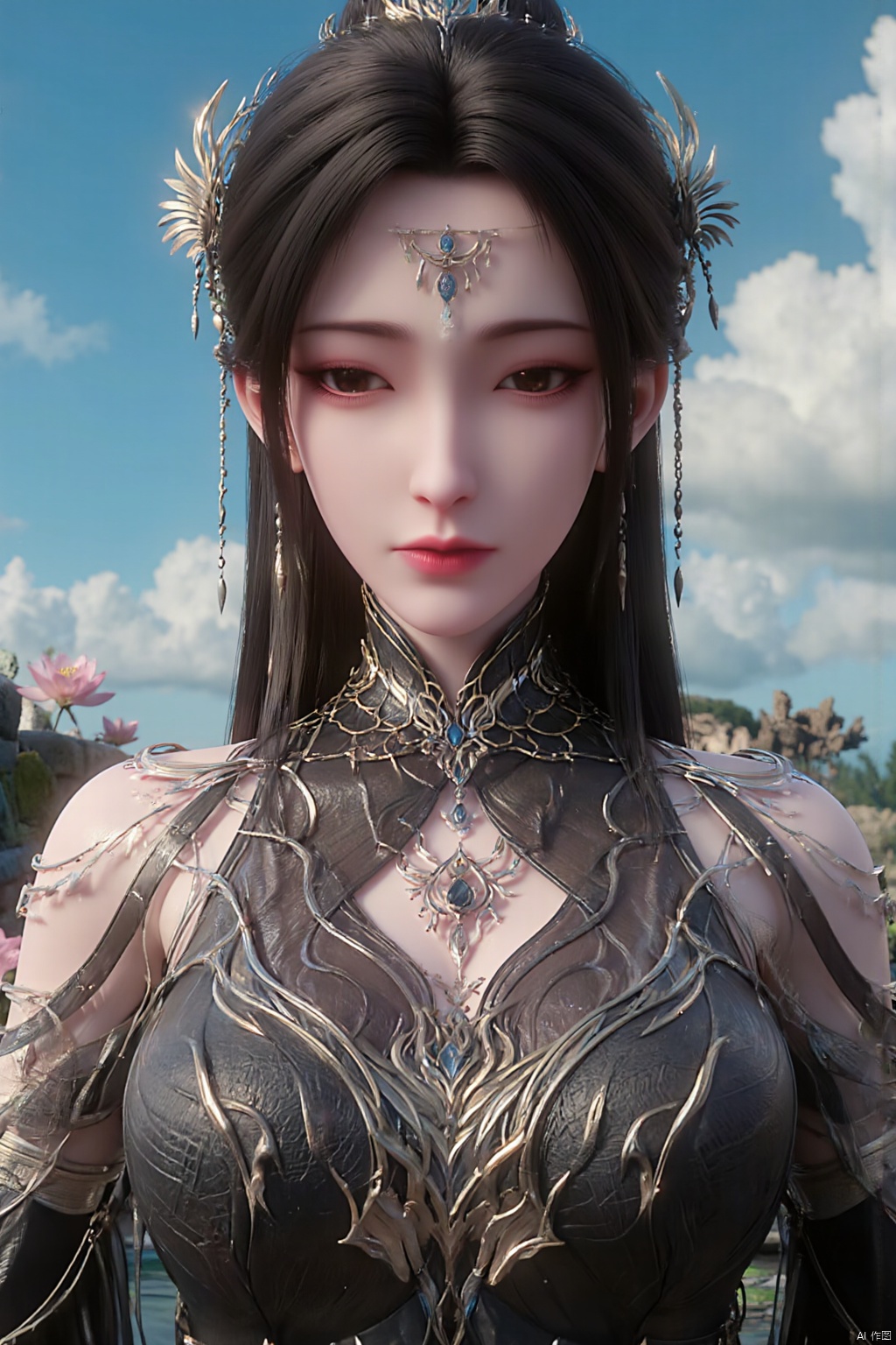 1girl, solo, breasts, looking at viewer, brown hair, black hair, hair ornament, dress, cleavage, jewelry, big breasts, upper body, earrings, parted lips, chinese clothes,Xdajisi,(Lotus, lotus pond, ancient Chinese architecture, blue sky and white clouds:1.29),,XhuolingerXjinpinger,Xluxueqi,Xtifa,Xyuanyao,Xhuijin