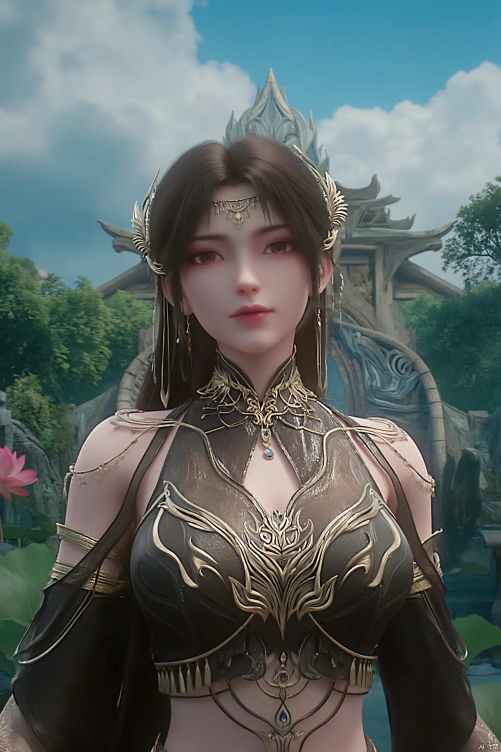1girl, solo, breasts, looking at viewer, brown hair, black hair, hair ornament, dress, cleavage, jewelry, big breasts, upper body, earrings, parted lips, chinese clothes,Xdajisi,(Lotus, lotus pond, ancient Chinese architecture, blue sky and white clouds:1.29),,XhuolingerXjinpinger,Xluxueqi,Xtifa,Xyuanyao,Xhuijin