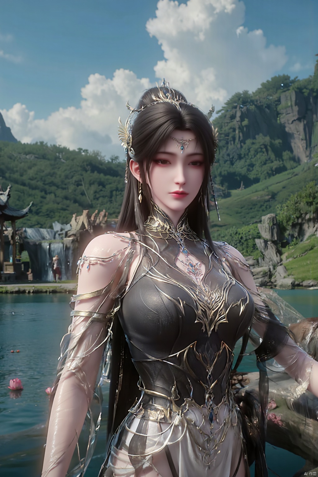 1girl, solo, breasts, looking at viewer, brown hair, black hair, hair ornament, dress, cleavage, jewelry, big breasts, upper body, earrings, parted lips, chinese clothes,Xdajisi,(Lotus, lotus pond, ancient Chinese architecture, blue sky and white clouds:1.29),,XhuolingerXjinpinger,Xluxueqi,Xtifa,Xyuanyao,Xhuijin