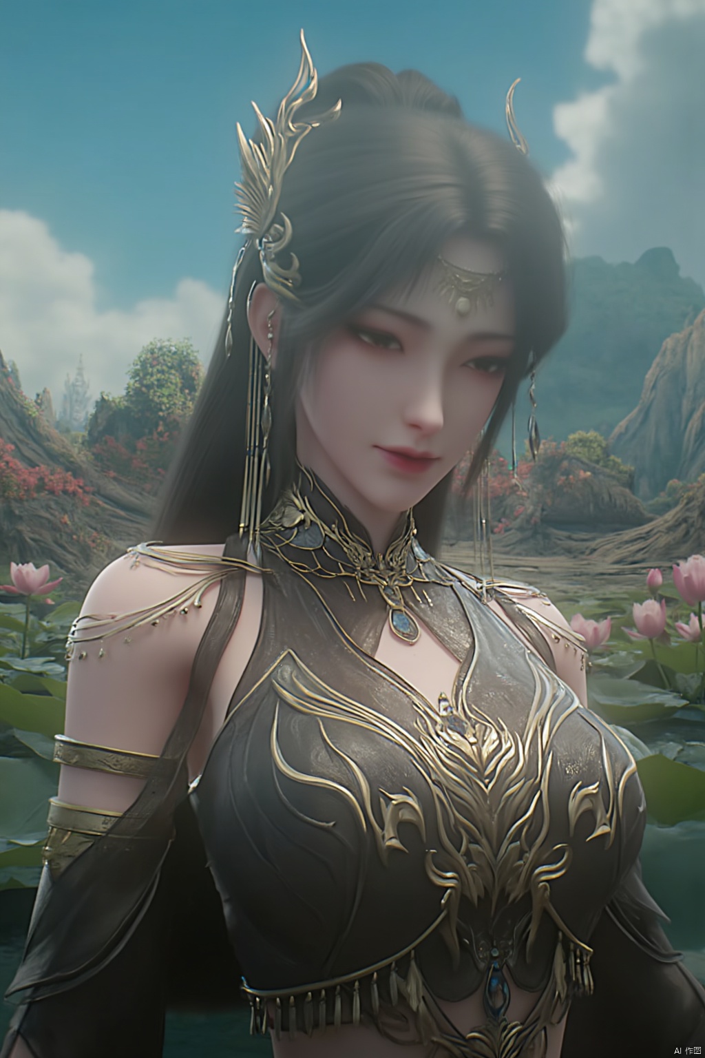 1girl, solo, breasts, looking at viewer, brown hair, black hair, hair ornament, dress, cleavage, jewelry, big breasts, upper body, earrings, parted lips, chinese clothes,Xdajisi,(Lotus, lotus pond, ancient Chinese architecture, blue sky and white clouds:1.29),,XhuolingerXjinpinger,Xluxueqi,Xtifa,Xyuanyao,Xhuijin