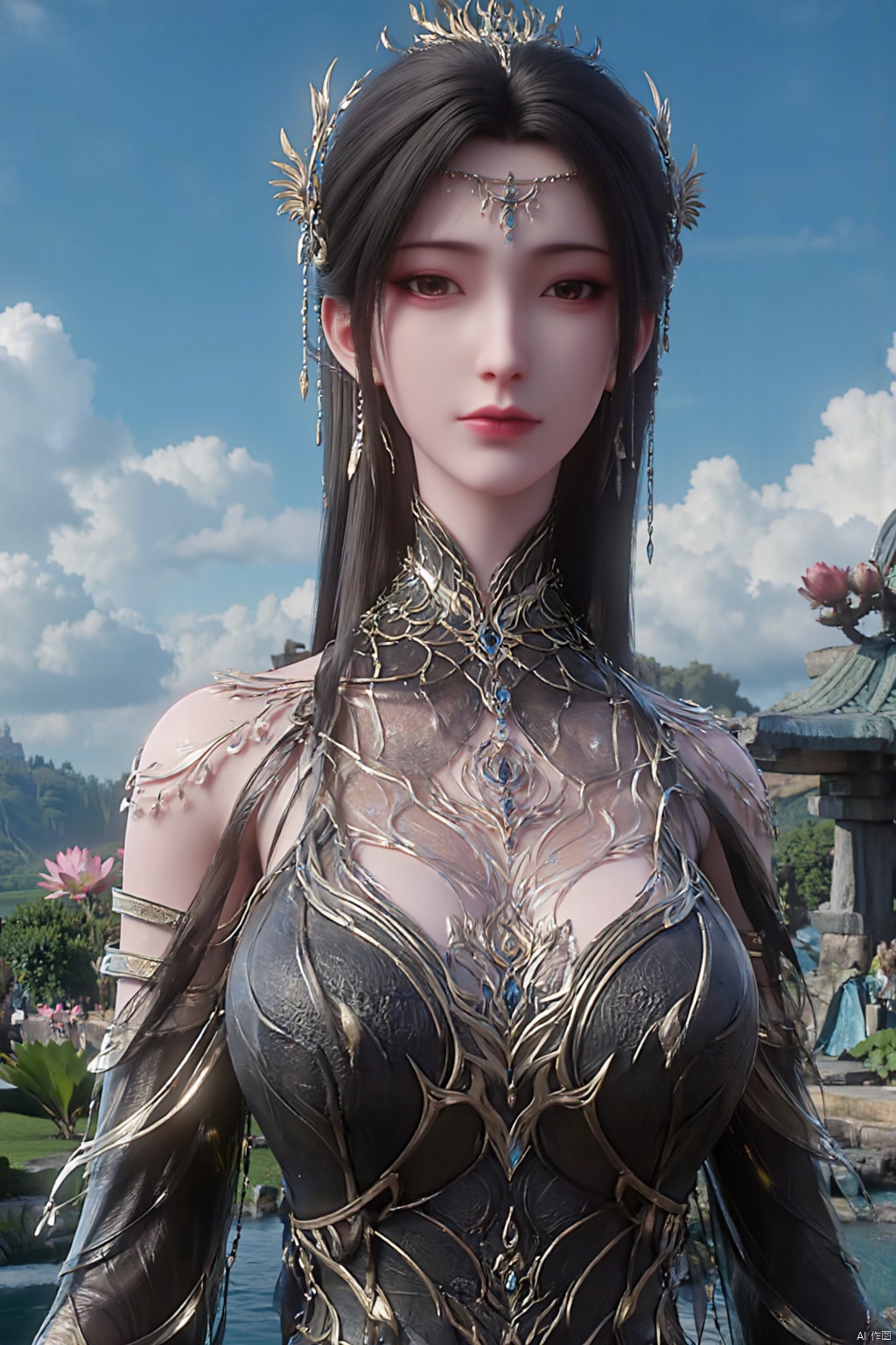 1girl, solo, breasts, looking at viewer, brown hair, black hair, hair ornament, dress, cleavage, jewelry, big breasts, upper body, earrings, parted lips, chinese clothes,Xdajisi,(Lotus, lotus pond, ancient Chinese architecture, blue sky and white clouds:1.29),,XhuolingerXjinpinger,Xluxueqi,Xtifa,Xyuanyao,Xhuijin