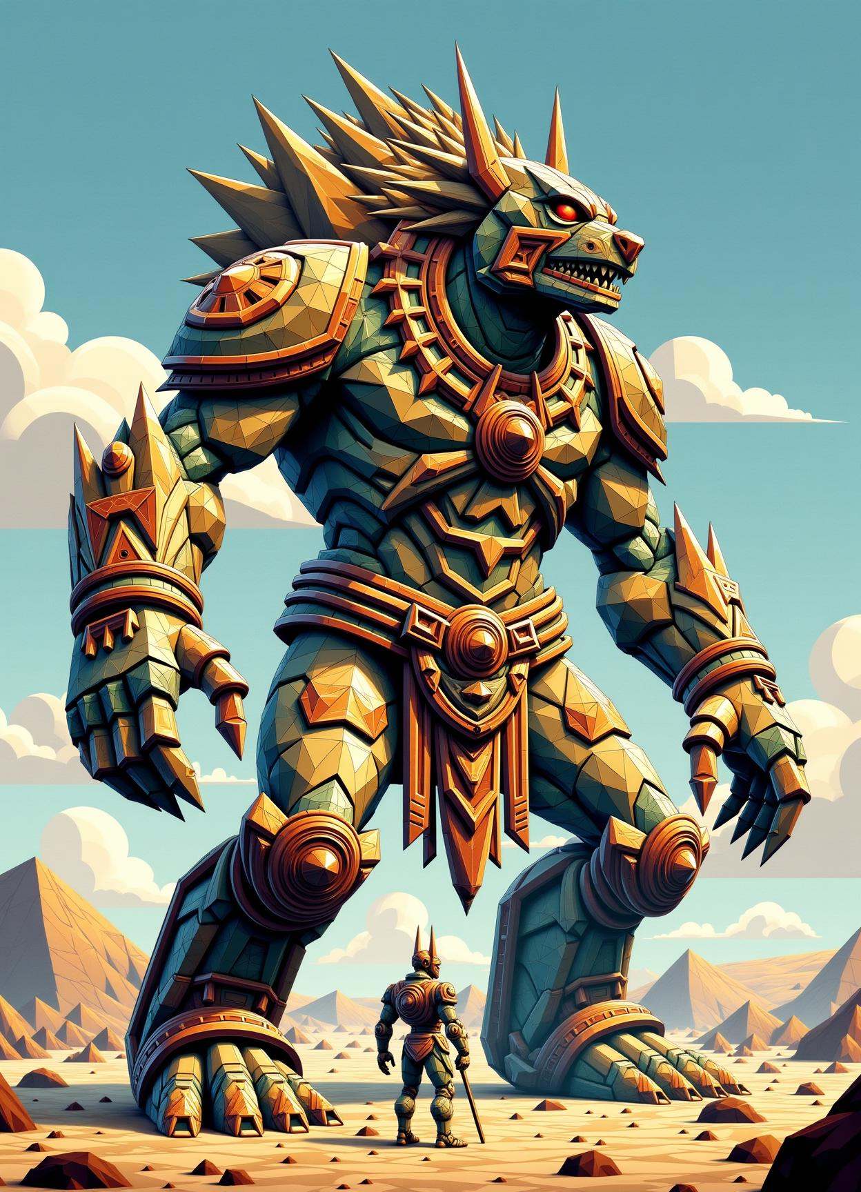 sfw,digital illustration, geometric, polygons ,  quinametzin, Giant being from Aztec mythology, ancient and powerful,  incredible size and strength, builders of ancient structures,  origin of civilizations
