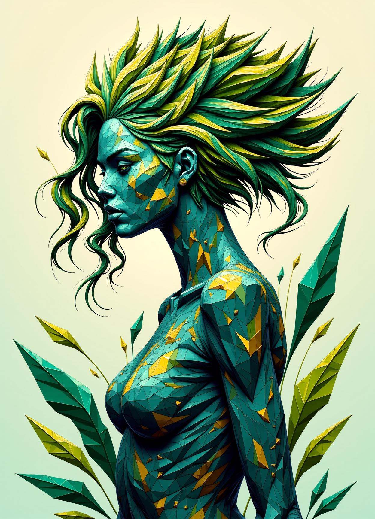 sfw,digital illustration, geometric, polygons ,  female voidcaller  Mastering conjuration shaped like Swirl of pigmented liquid plant and plant manipulation (controlling plant life)