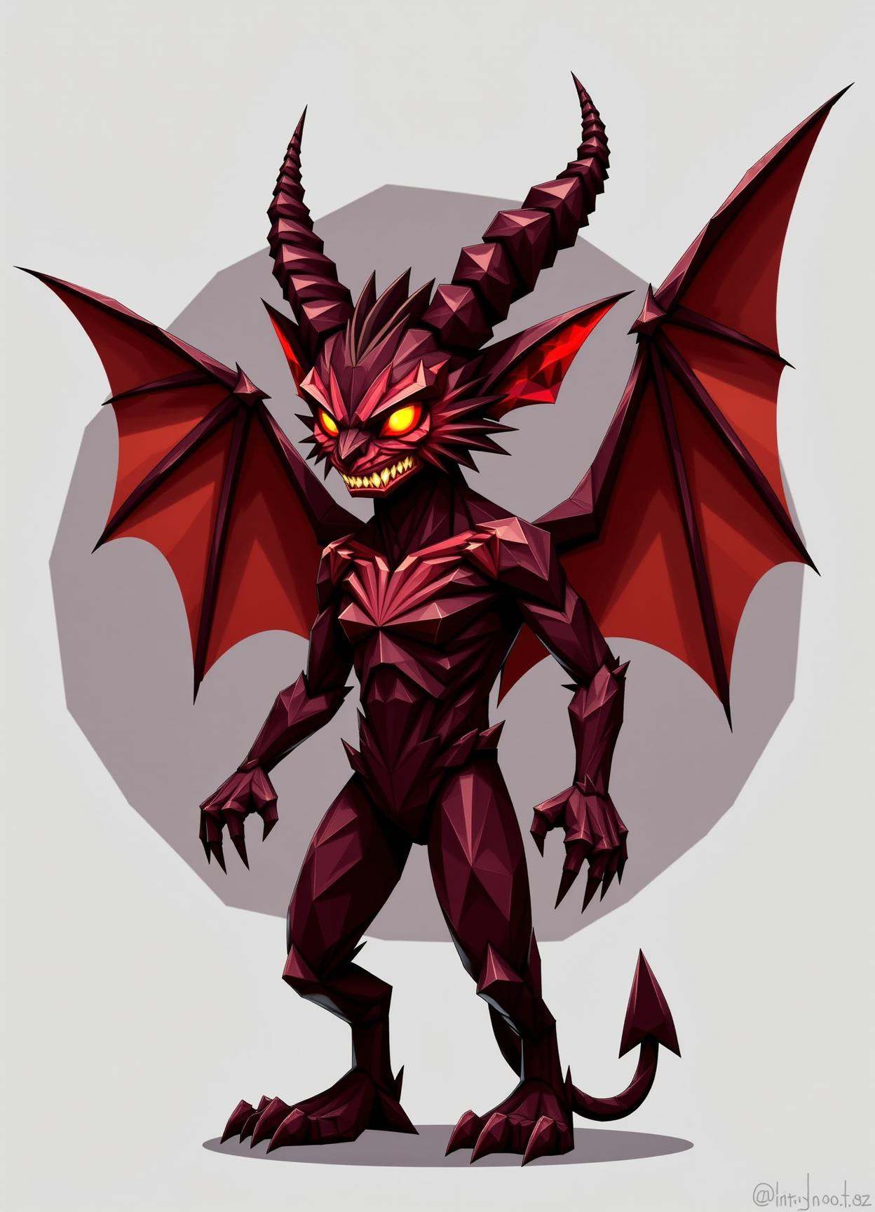 sfw,digital illustration, geometric, polygons ,  imp, small, mischievous supernatural humanoid creature, impish features, horns, pointed ears, sharp teeth, bat like leathery wings, fiery glowing eyes, clawed hands and feet, tail, red to dark shaded skin, trickster, servant of a higher power, prone