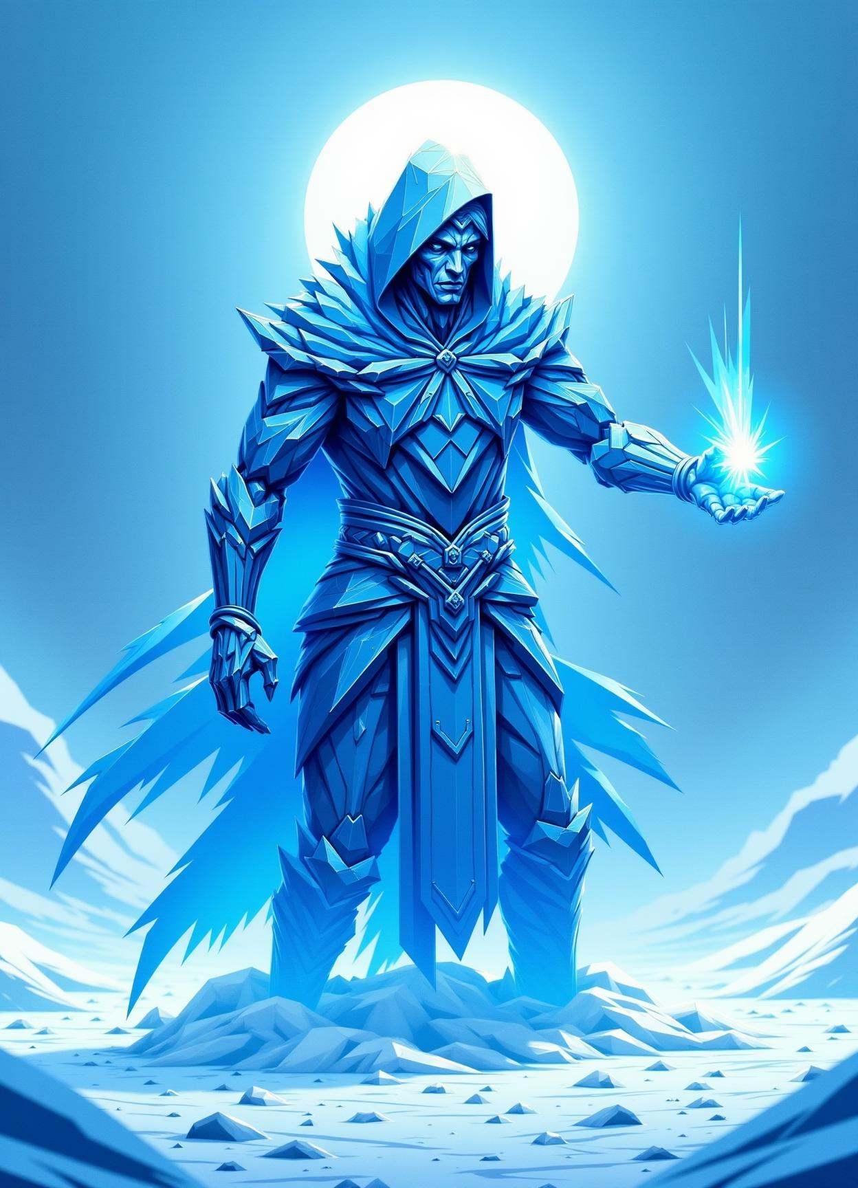 sfw,digital illustration, geometric, polygons ,  male necromancer, snow manipulation (creating and controlling snow)  Mesmerizing with conjuration shaped like Transfiguration of indigo tempest fire and earth manipulation (shaping and moving the ground)