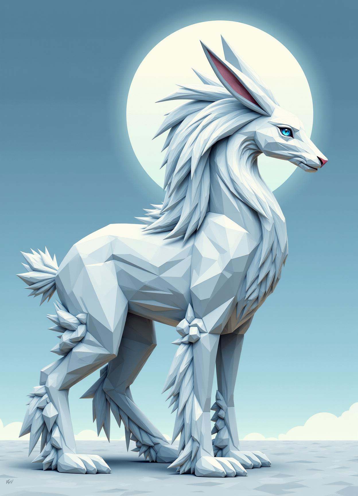 sfw,digital illustration, geometric, polygons ,  moon rabbit, graceful and long-lived being, 6 to 7 feet tall, beautiful,elegant, youthful appearance, graceful, ethereal, magical, fantasy