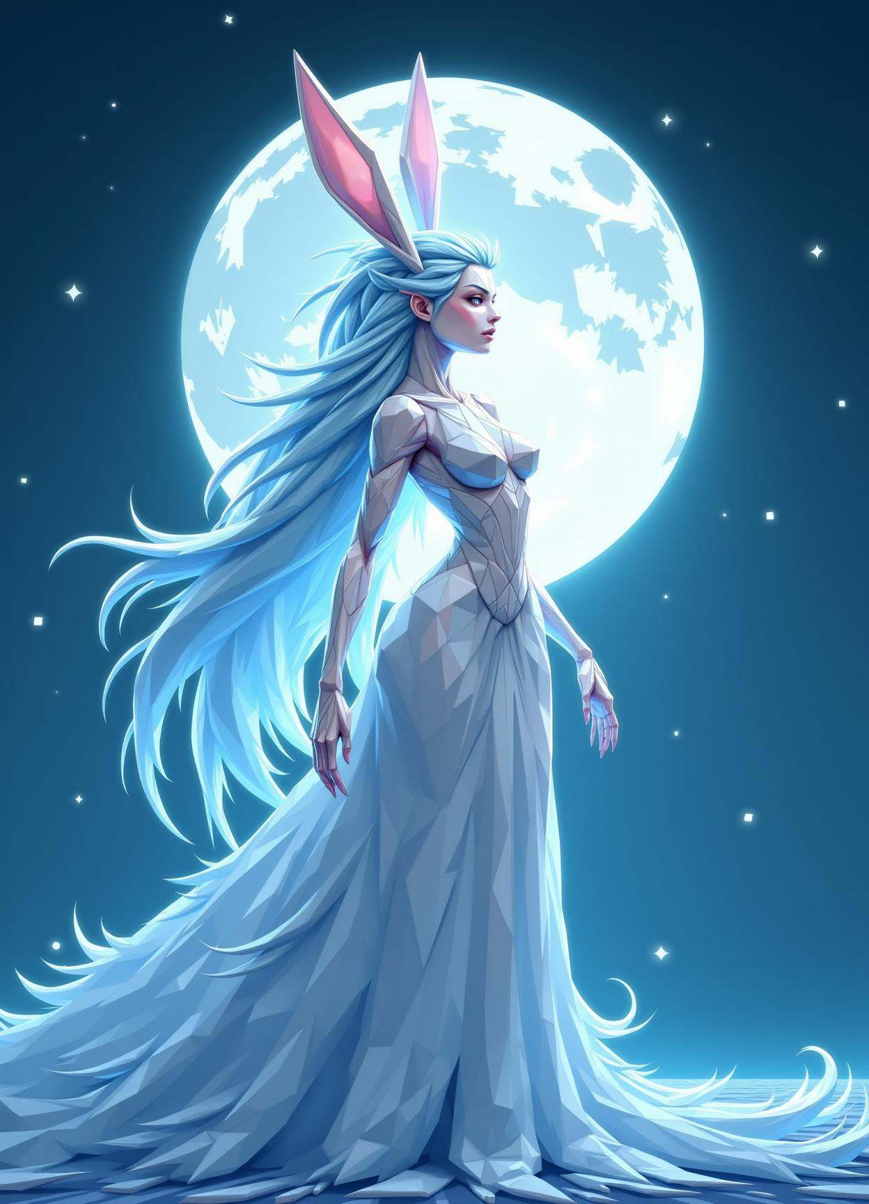 sfw,digital illustration, geometric, polygons ,  moon rabbit, graceful and long-lived being, 6 to 7 feet tall, beautiful,elegant, youthful appearance, graceful, ethereal, magical, fantasy
