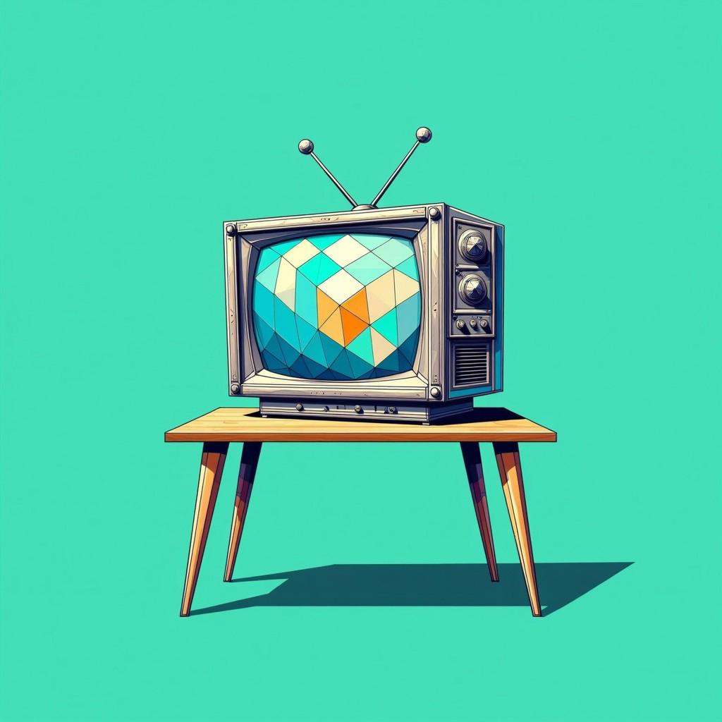 a digital drawing in a cartoonish, semi-realistic style, it depicts an old, vintage television set set against a solid green background, the television, positioned on a wooden table with four legs, is the focal point of the image, it has a sleek, metallic silver body with a large, geometric pattern in shades of blue, white, and yellow, the screen displays a colorful, mosaic-like pattern that resembles a cube, with each side having a different size and shape, the table's base is a light brown color, and it appears to be made of a smooth, polished surface, the background is a solid teal, providing a stark contrast to the cool tones of the television and table, the overall color palette is dominated by cool tones, with the exception of the blue and white geometric patterns, the drawing uses bold, clean lines and vibrant colors, typical of modern digital art, the image exudes a playful, whimsical quality, with a focus on the retro television set and its unique design