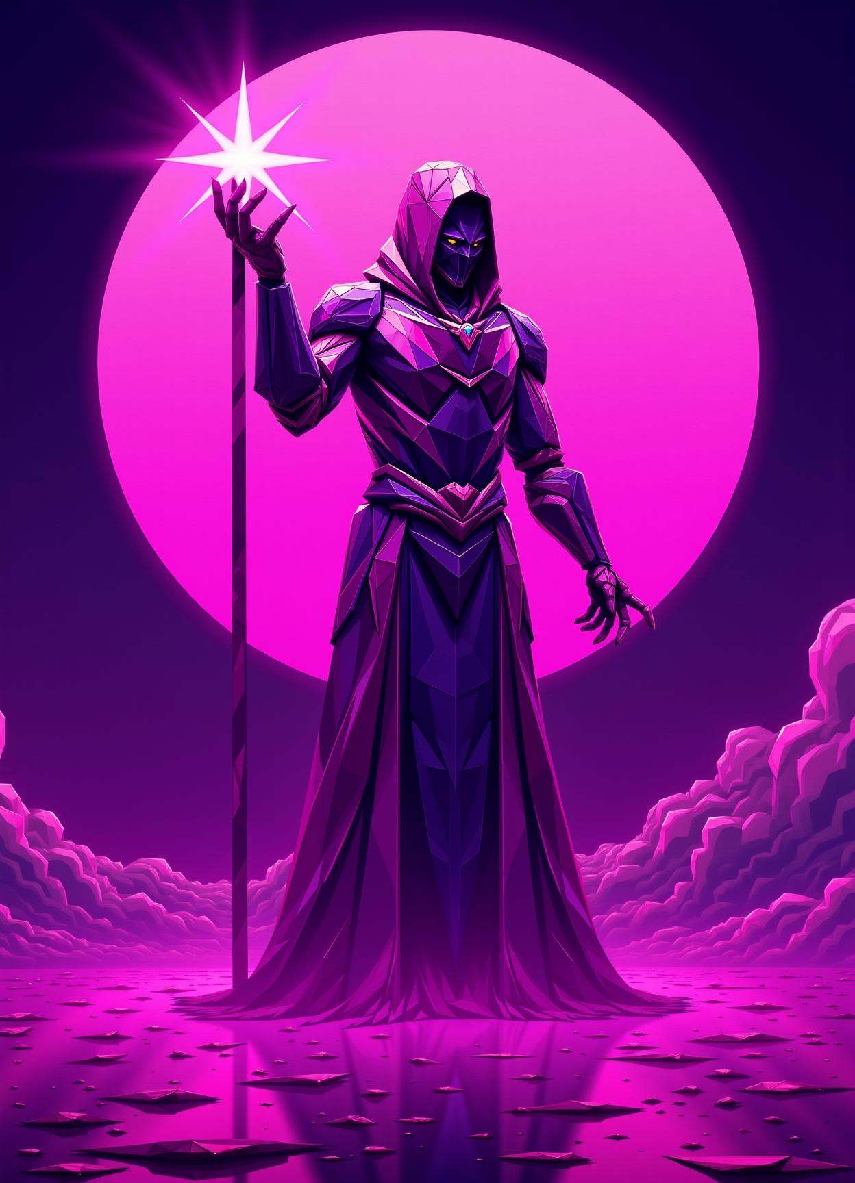 sfw,digital illustration, geometric, polygons ,  male geomancer  Enchanting with cantrip shaped like Mirage of quinacridone pink umbra electricity and unpredictable magic