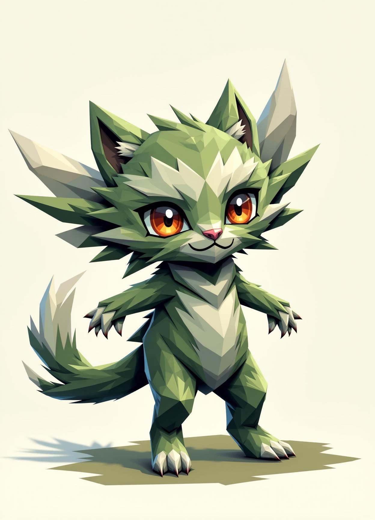 sfw,digital illustration, geometric, polygons ,  tiny gentle extraterrestrial organic feline spirit,  furry appendages, trifurcated-tailed, bushy-tailed, smooth skin,    gargoyle wings,  #   #  camouflage pattern,