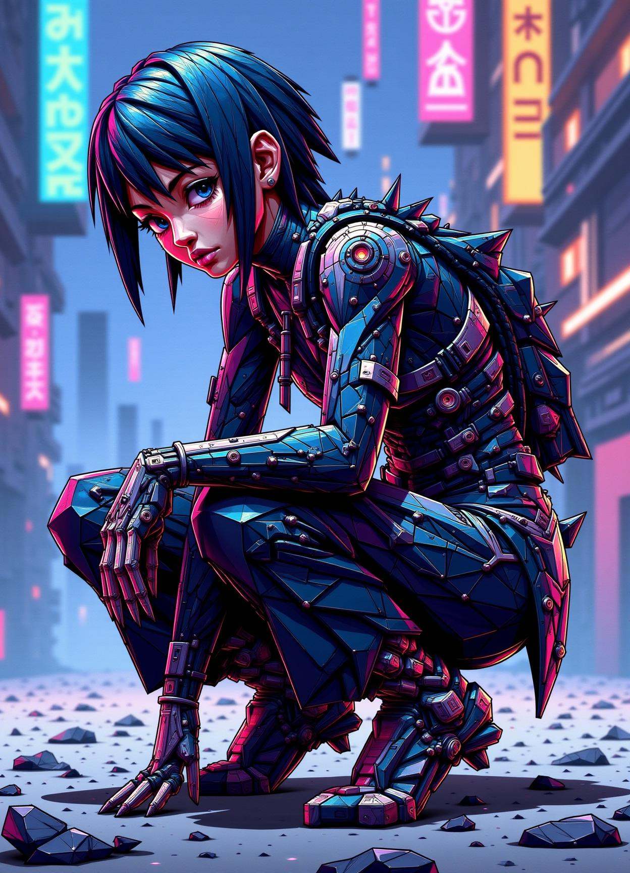sfw,digital illustration, geometric, polygons ,  female holographic fashion stylist,  young *****, builky, pacific islander, black eyes,    soft jaw, asymmetrical cheeks, flat forehead, unique face shape,     , copper fringe haircut hair, astonishment, carbon-fiber stealth, character crouches low, arms close to their body, and eyes darting around, mimicking a stealthy, agile stance,  wearing  augmented leather harem pants,  techno-lace wide-leg trousers,  plasma knit headscarf,    bioluminescent veil   carbon-fiber modular pack  , elegant turn, character turns with a graceful spin, showcasing fluid body movement, urban neon signs, cybernetic mutants and cyborg outlaws roaming the desolate landscape, post-cyberpunk
