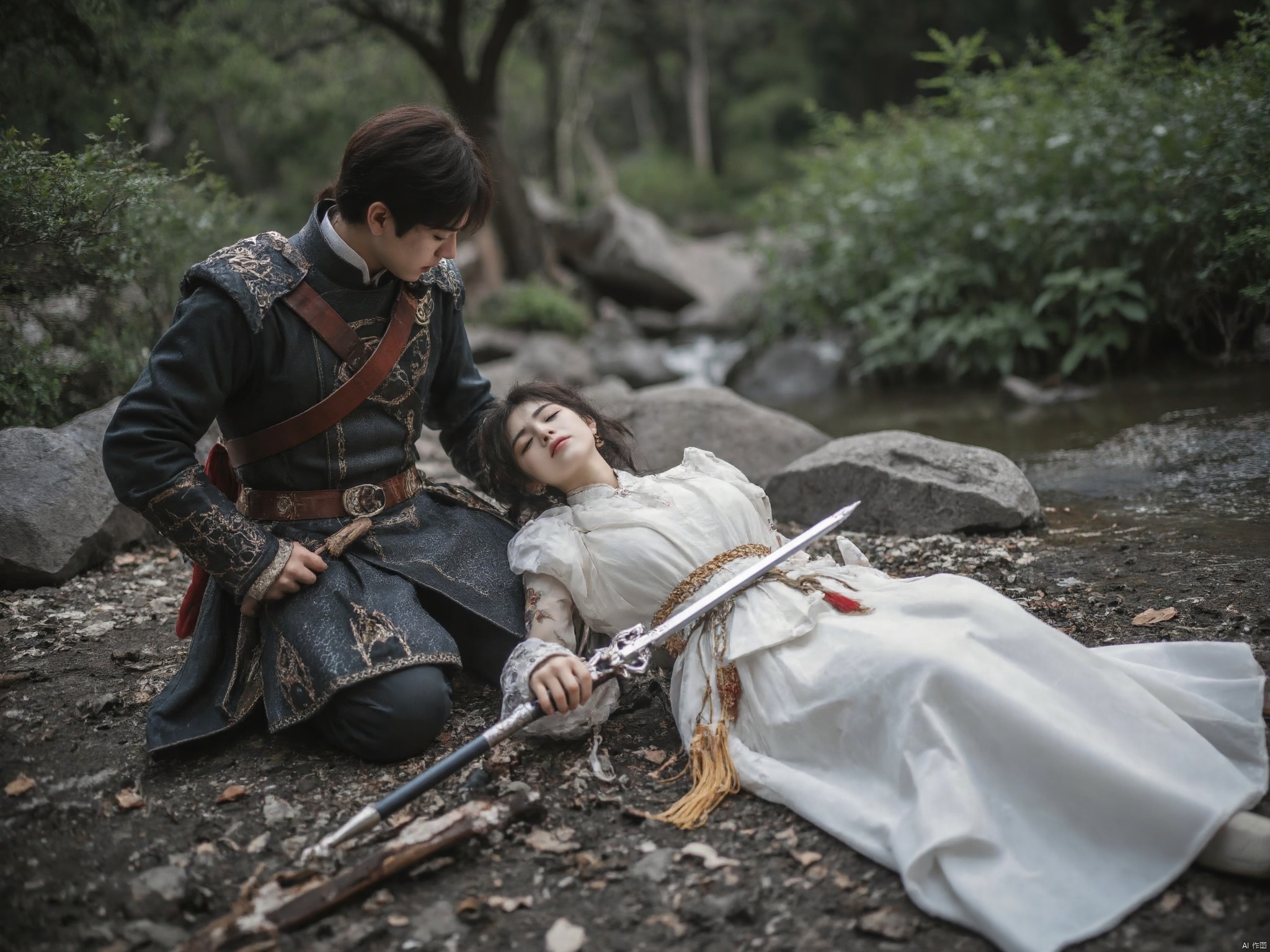 AKJK, A man in a costume,Kneeling on the ground, a woman, eyes closed, lying on the ground, a sword in her chest, blood on the ground