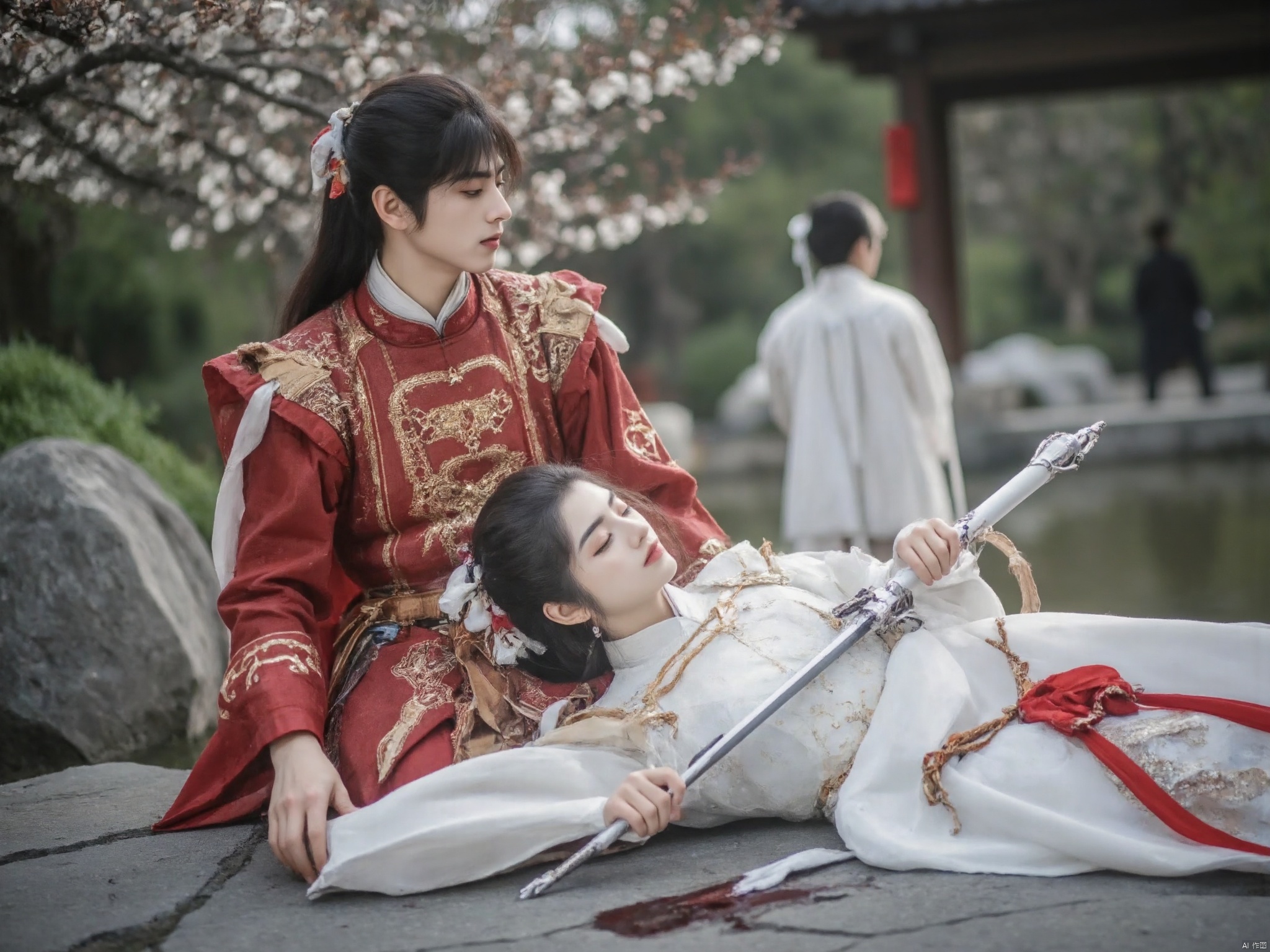 AKJK, A man in a costume,Kneeling on the ground, a woman, eyes closed, lying on the ground, a sword in her chest, blood on the ground，Women wear red costumes, men wear white costumes
