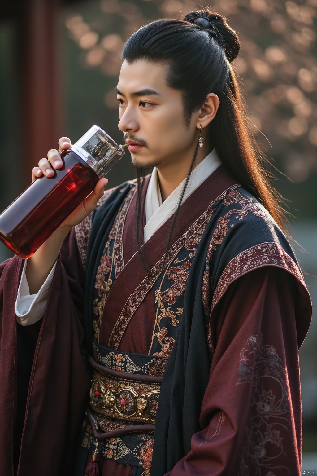 AKKK,A man, holding a wine flask, long hair, ancient costume, Hanfu, drinking, 8k