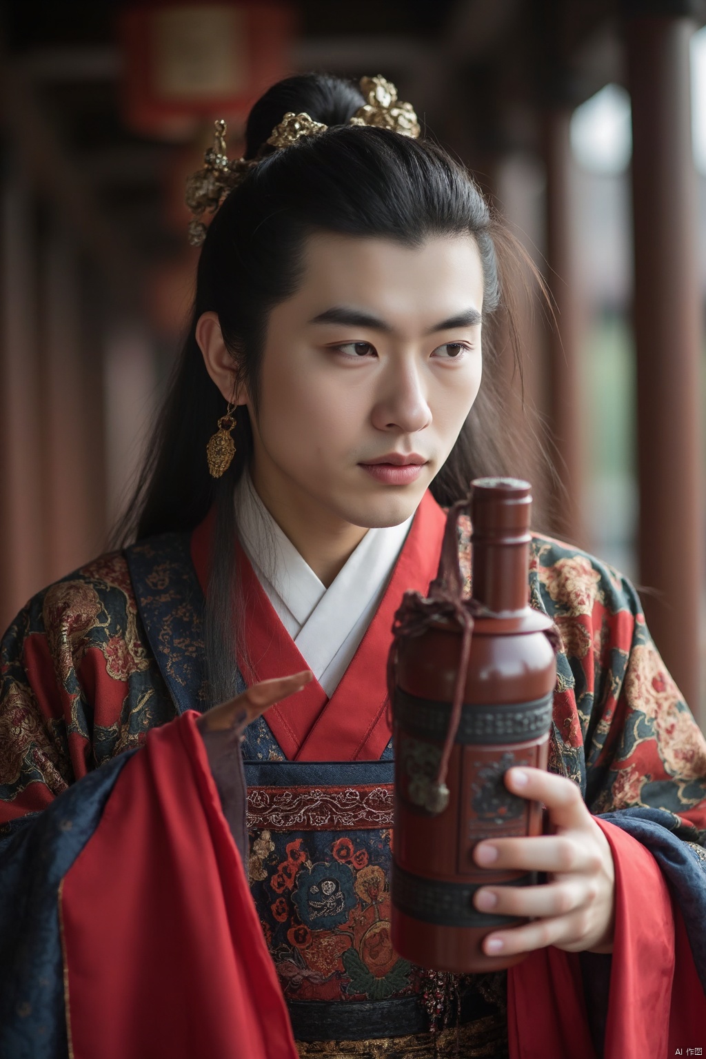 AKKK,A man, holding a wine flask, long hair, ancient costume, Hanfu, drinking, 8k，Maotai wine pot