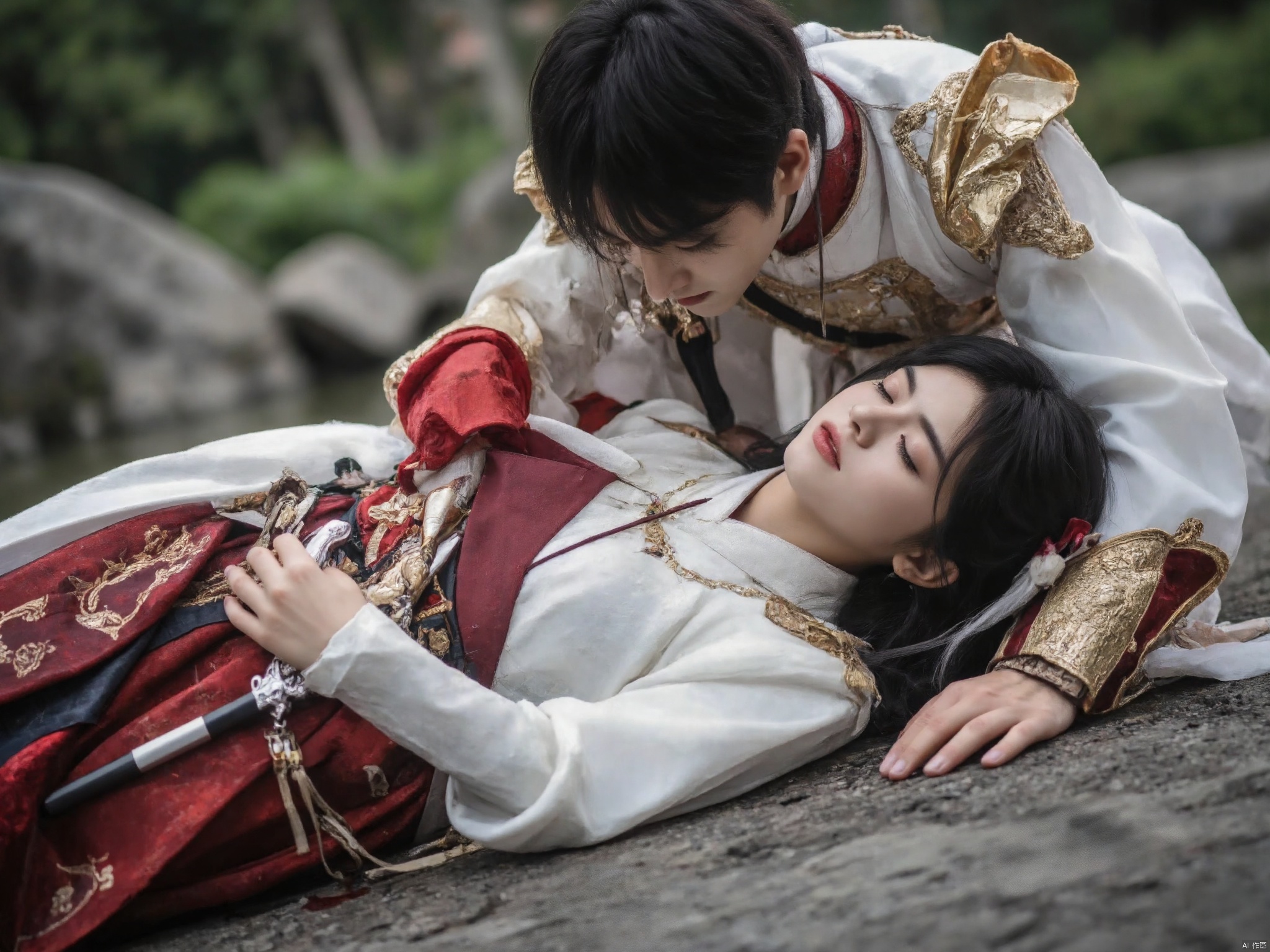 AKJK, A man in a costume,Kneeling on the ground, a woman, eyes closed, lying on the ground, a sword in her chest, blood on the ground，Women wear red costumes, men wear white costumes