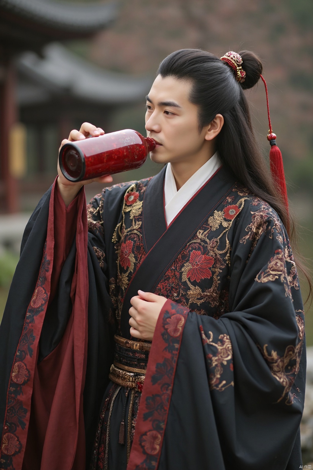 AKKK,A man, holding a wine flask, long hair, ancient costume, Hanfu, drinking, 8k，Maotai wine pot