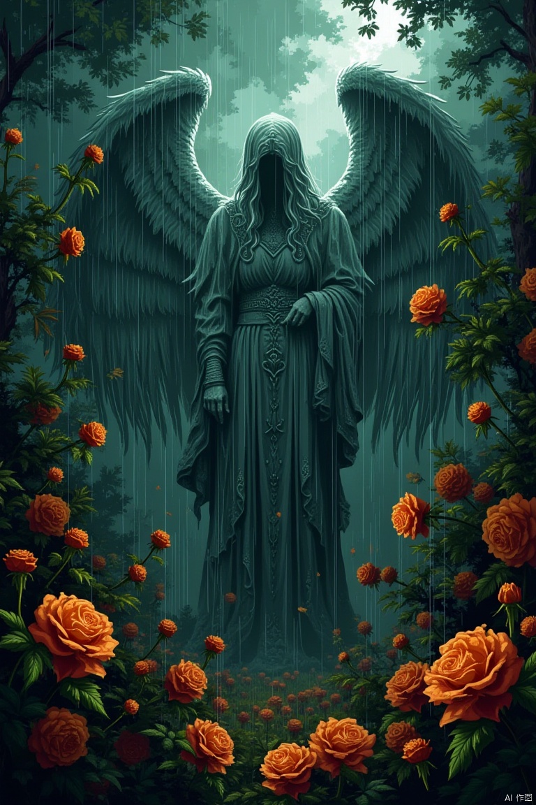 semi pixel artwork,  presents an enigmatic victorian garden,  orange roses by 罪 on Tensor.Art