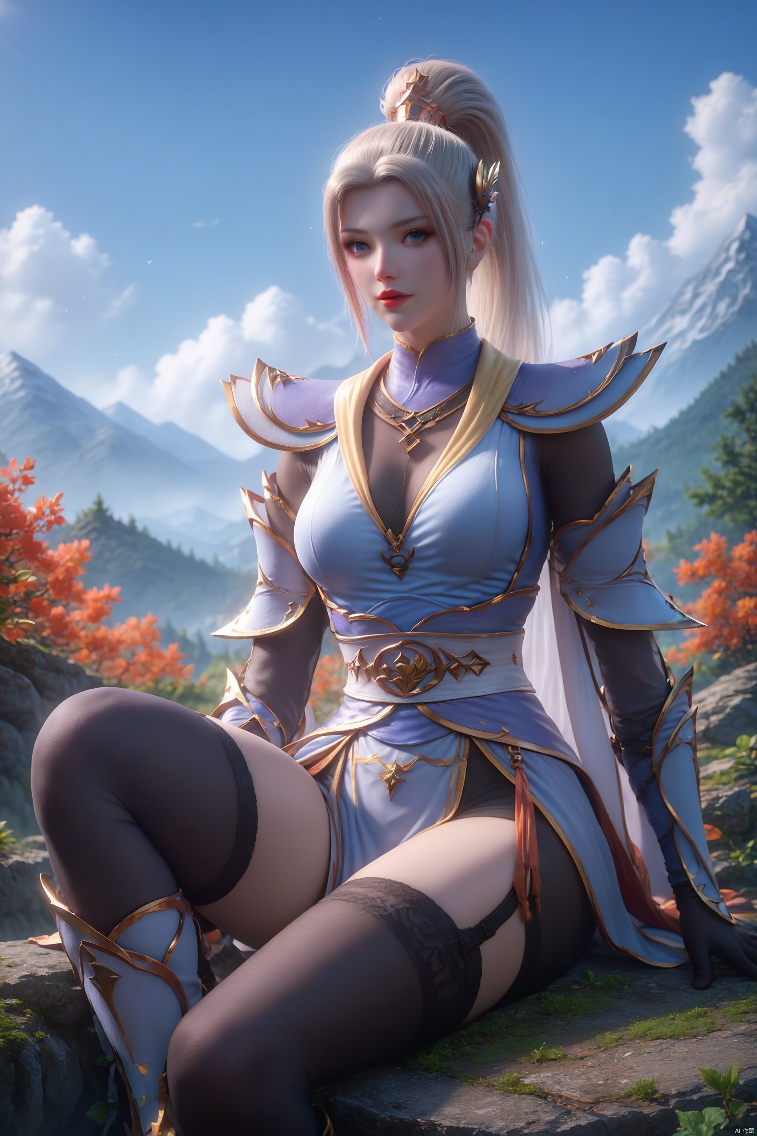 score_9, score_8_up, score_7_up,highly detailed digital, 1girl, solo, long hair, breasts, looking at viewer, blue eyes, hair ornament, medium breasts, full body, ponytail, outdoors, sky, day, armor, blue sky, mountain, red lips