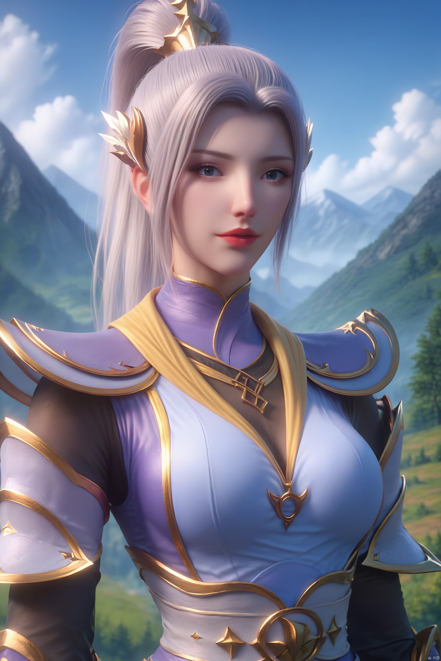 score_9, score_8_up, score_7_up,highly detailed digital, 1girl, solo, long hair, breasts, looking at viewer, blue eyes, hair ornament, medium breasts, upper body, ponytail, outdoors, sky, day, armor, blue sky, mountain, red lips