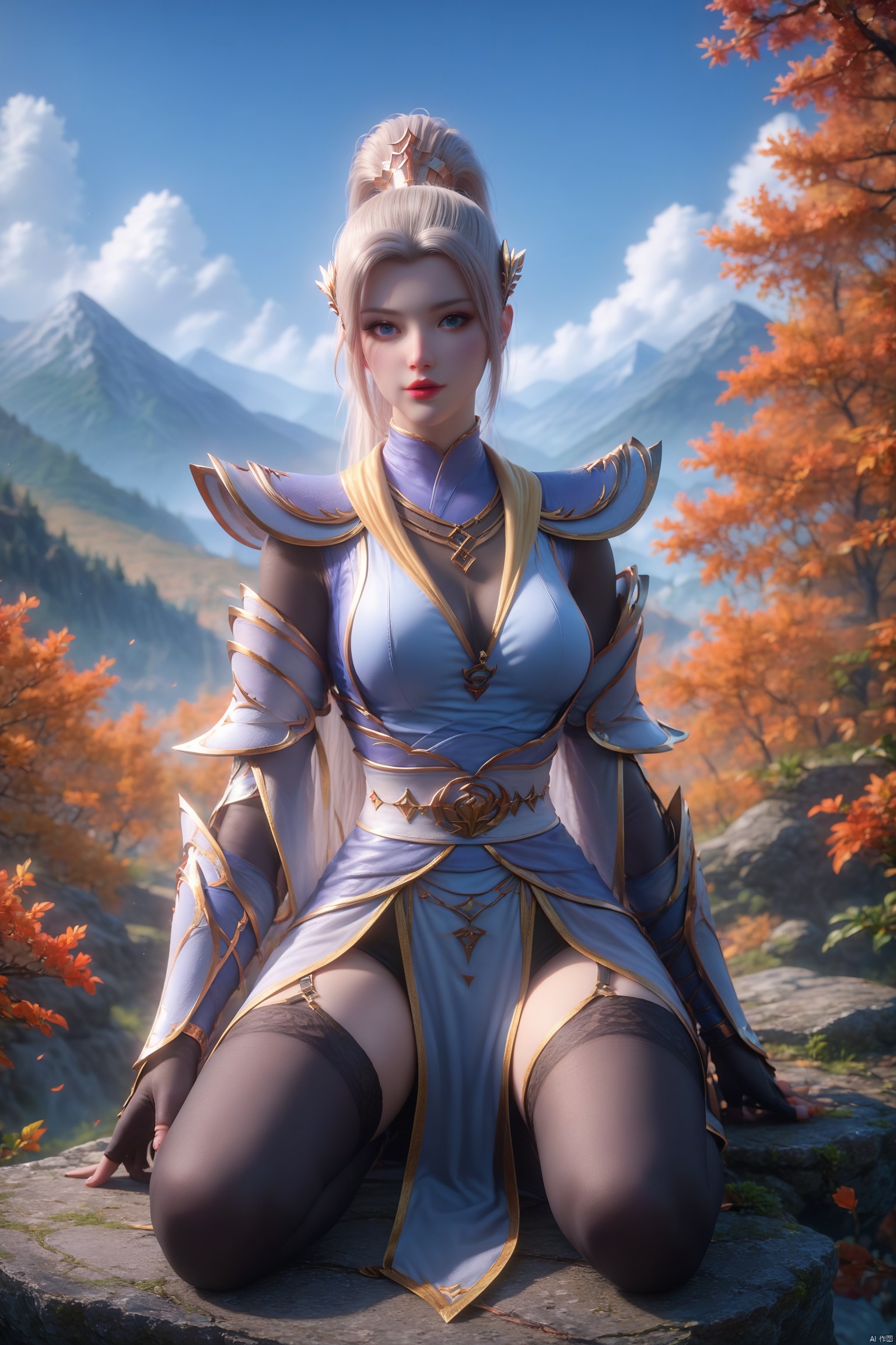 score_9, score_8_up, score_7_up,highly detailed digital, 1girl, solo, long hair, breasts, looking at viewer, blue eyes, hair ornament, medium breasts, full body, ponytail, outdoors, sky, day, armor, blue sky, mountain, red lips