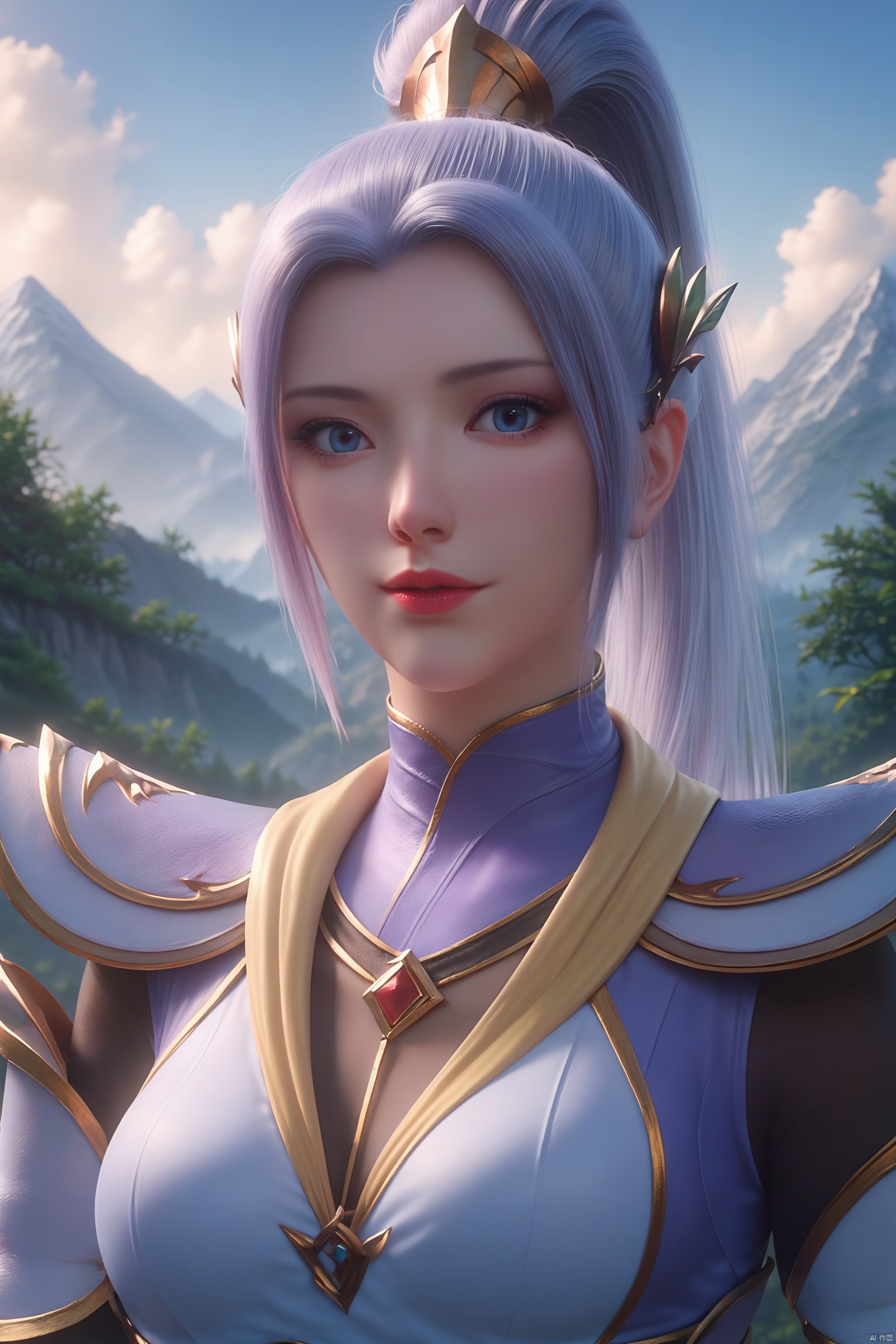 score_9, score_8_up, score_7_up,highly detailed digital, 1girl, solo, long hair, breasts, looking at viewer, blue eyes, hair ornament, medium breasts, upper body, ponytail, outdoors, sky, day, armor, blue sky, mountain, red lips