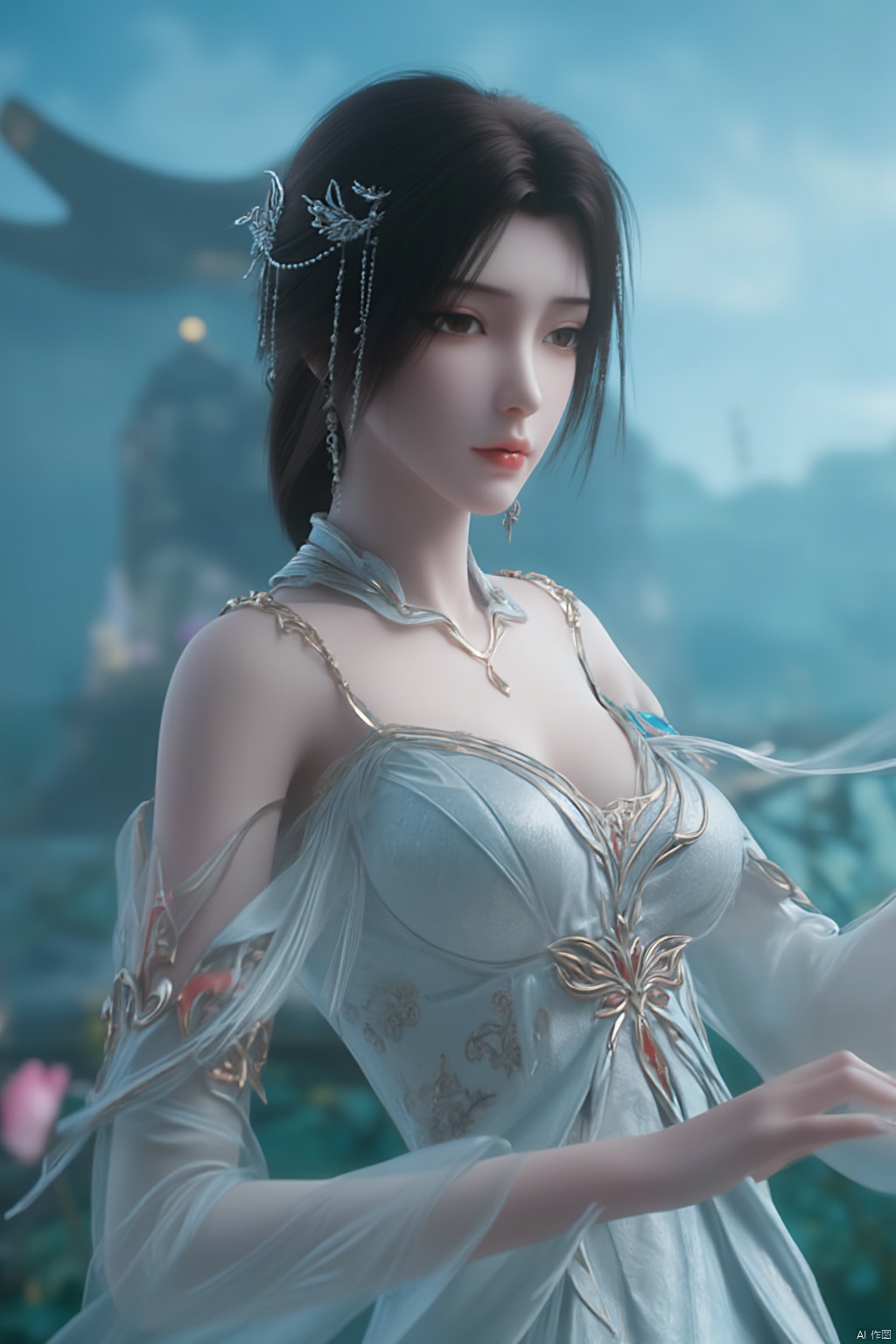 1girl, solo, breasts, looking at viewer, brown hair, black hair, hair ornament, dress, cleavage, jewelry, big breasts, upper body, earrings, parted lips, chinese clothes,Xdajisi,(Lotus, lotus pond, ancient Chinese architecture, blue sky and white clouds:1.29),,XhuolingerXjinpinger,Xluxueqi,Xtifa,Xyuanyao
