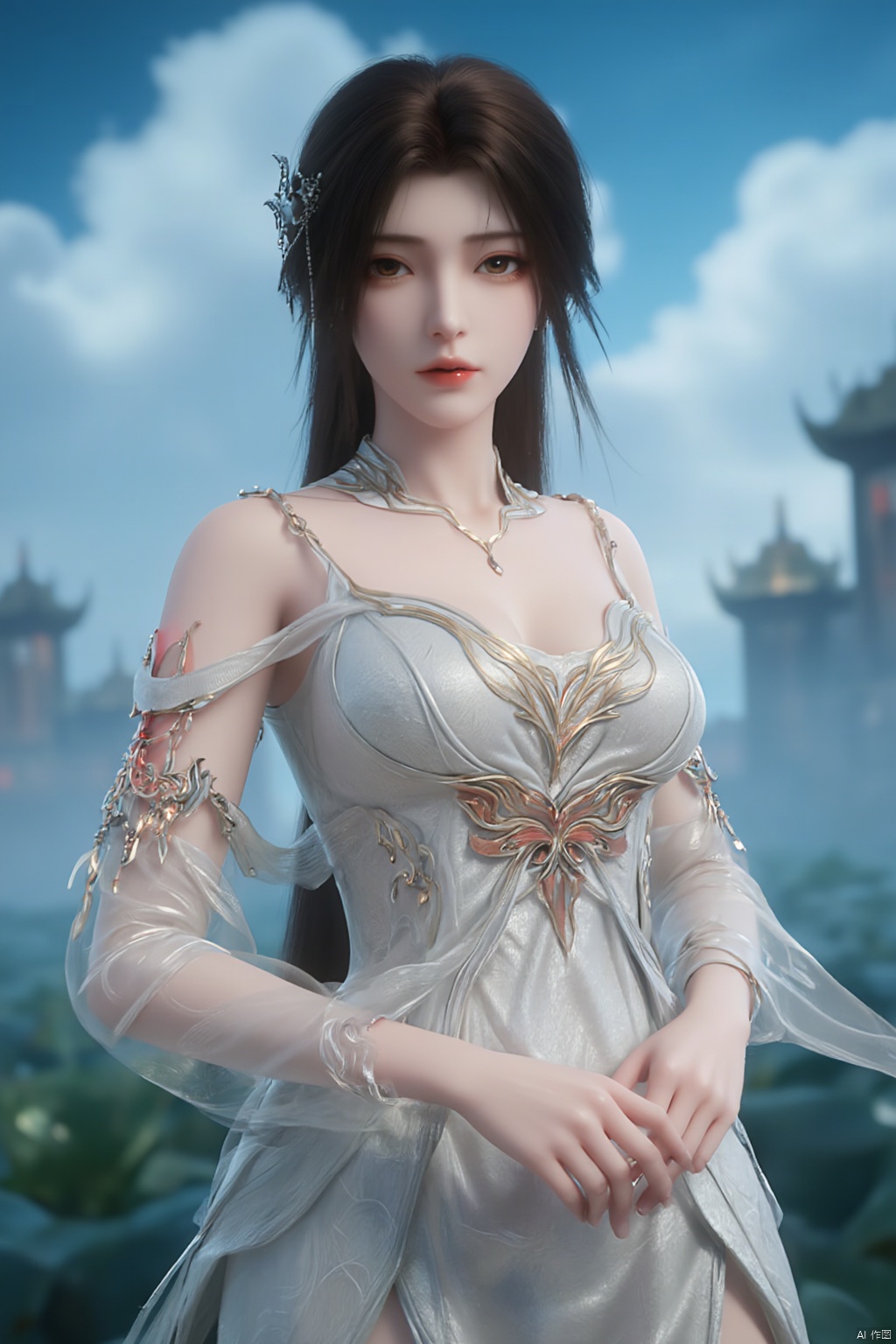 1girl, solo, breasts, looking at viewer, brown hair, black hair, hair ornament, dress, cleavage, jewelry, big breasts, upper body, earrings, parted lips, chinese clothes,Xdajisi,(Lotus, lotus pond, ancient Chinese architecture, blue sky and white clouds:1.29),,XhuolingerXjinpinger,Xluxueqi,Xtifa,Xyuanyao
