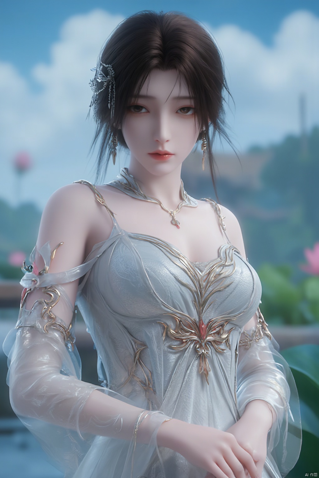 1girl, solo, breasts, looking at viewer, brown hair, black hair, hair ornament, dress, cleavage, jewelry, big breasts, upper body, earrings, parted lips, chinese clothes,Xdajisi,(Lotus, lotus pond, ancient Chinese architecture, blue sky and white clouds:1.29),,XhuolingerXjinpinger,Xluxueqi,Xtifa,Xyuanyao