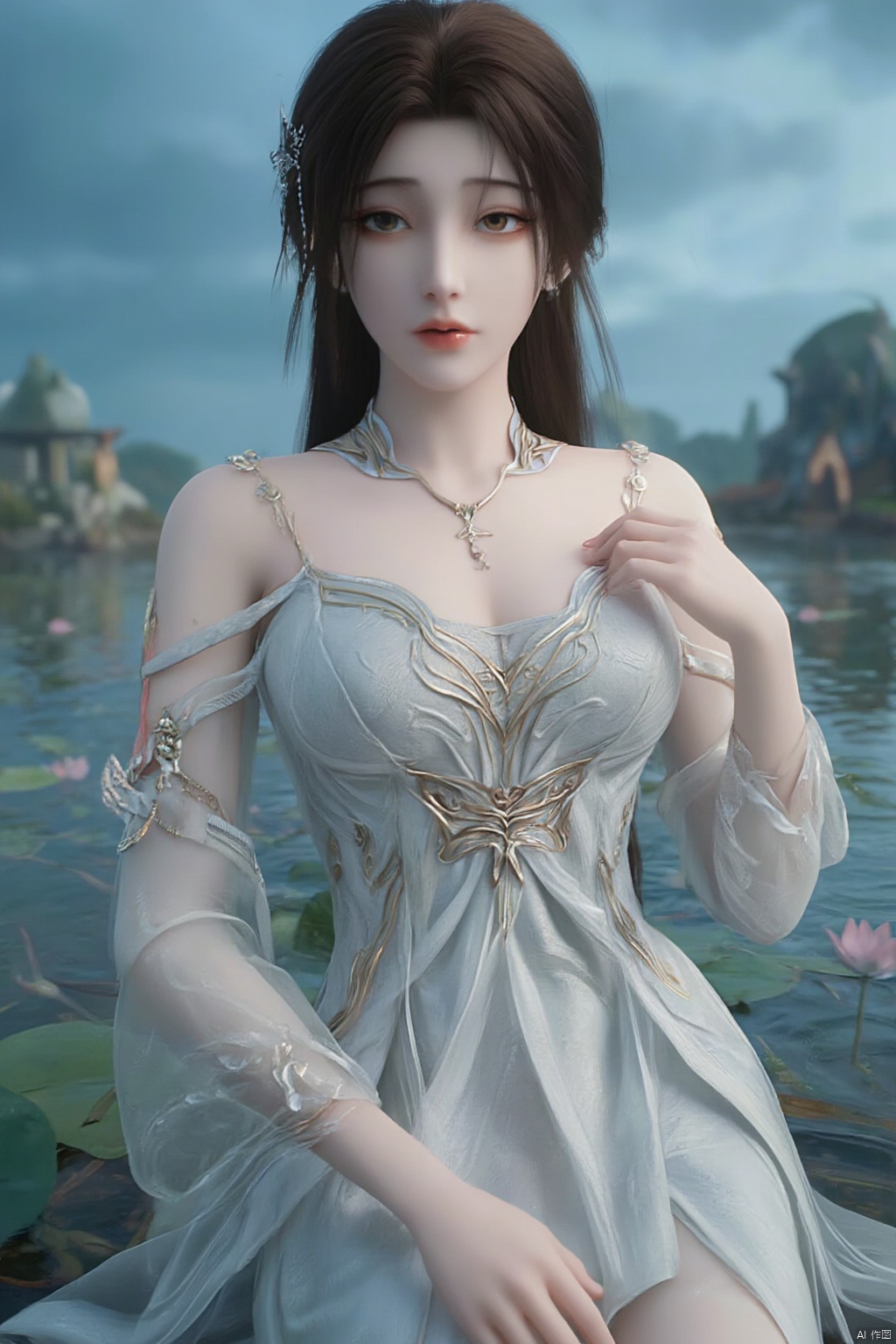 1girl, solo, breasts, looking at viewer, brown hair, black hair, hair ornament, dress, cleavage, jewelry, big breasts, upper body, earrings, parted lips, chinese clothes,Xdajisi,(Lotus, lotus pond, ancient Chinese architecture, blue sky and white clouds:1.29),,XhuolingerXjinpinger,Xluxueqi,Xtifa,Xyuanyao