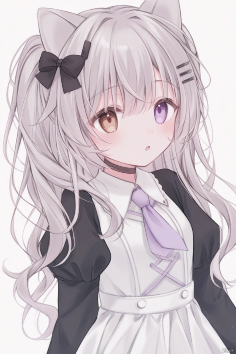 1girl, solo, long hair, looking at viewer, blush, bangs, simple background, shirt, hair ornament, long sleeves, white background, dress, bow, animal ears, twintails, brown eyes, purple eyes, upper body, hair bow, grey hair, frills, parted lips, necktie, hairclip, puffy sleeves, virtual youtuber, hand up, :o, black dress, heterochromia