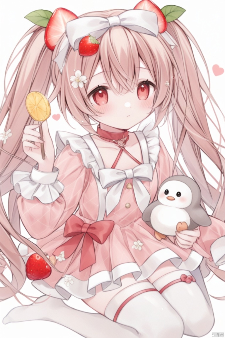 1girl, solo, long hair, looking at viewer, blush, bangs, brown hair, hair ornament, red eyes, thighhighs, long sleeves, white background, dress, bow, holding, hair between eyes, twintails, sitting, very long hair, closed mouth, flower, hair bow, heart, hairband, frills, food, choker, hairclip, puffy sleeves, hair flower, red bow, white thighhighs, fruit, bird, animal, no shoes, holding food, white flower, pink dress, puffy long sleeves, strawberry, food-themed hair ornament, penguin, strawberry hair ornament