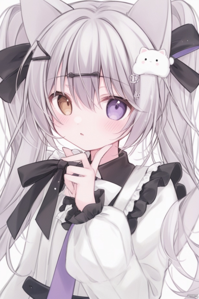 1girl, solo, long hair, looking at viewer, blush, bangs, simple background, shirt, hair ornament, long sleeves, white background, dress, bow, animal ears, twintails, brown eyes, purple eyes, upper body, hair bow, grey hair, frills, parted lips, necktie, hairclip, puffy sleeves, virtual youtuber, hand up, :o, black dress, heterochromia