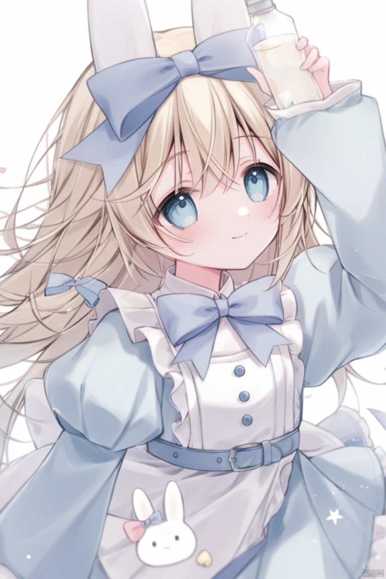 1girl, solo, long hair, blush, smile, bangs, blue eyes, blonde hair, long sleeves, white background, dress, bow, holding, animal ears, hair between eyes, closed mouth, flower, hair bow, heart, frills, puffy sleeves, rabbit ears, apron, arm up, sleeves past wrists, blue dress, blue bow, bottle, white apron, alice \(alice in wonderland\)