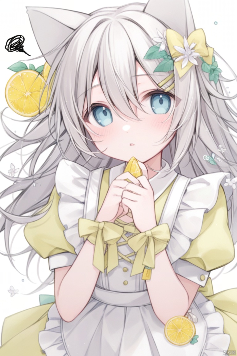 1girl, solo, long hair, looking at viewer, blush, bangs, blue eyes, simple background, hair ornament, white background, dress, bow, holding, animal ears, hair between eyes, flower, white hair, short sleeves, hair bow, grey hair, parted lips, food, hairclip, puffy sleeves, hair flower, apron, puffy short sleeves, hands up, fruit, flying sweatdrops, white flower, white apron, yellow bow, yellow dress, squiggle, lemon