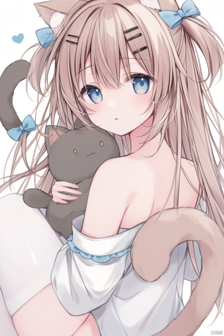 1girl, solo, long hair, looking at viewer, blush, bangs, blue eyes, brown hair, shirt, hair ornament, thighhighs, white background, bow, holding, animal ears, hair between eyes, bare shoulders, sitting, tail, white shirt, hair bow, heart, parted lips, hairclip, looking back, cat ears, off shoulder, white thighhighs, two side up, cat tail, animal ear fluff, grey eyes, bottomless, stuffed toy, stuffed animal, cat girl, knees up, object hug, stuffed cat